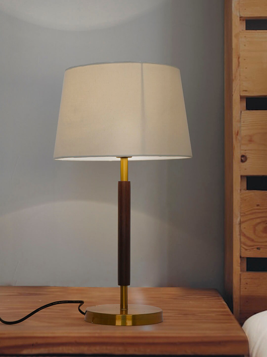Fos Lighting White & Brown Wooden Table Lamp With Fabric Shade