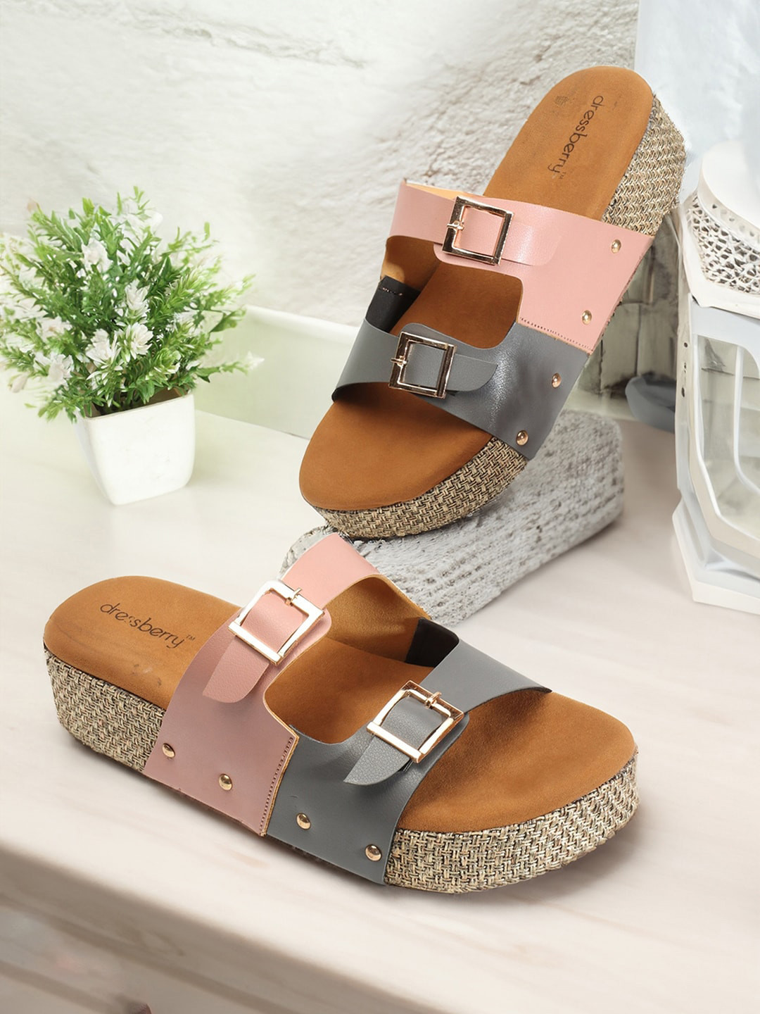 DressBerry Pink & Grey Colourblocked Double Open Toe Flatform Heels With Buckles