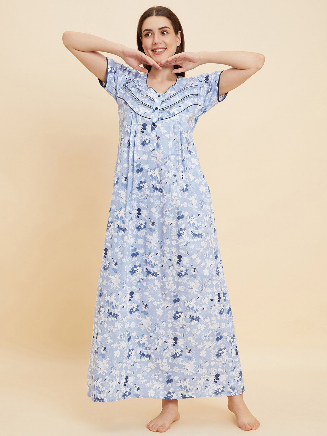 Sweet Dreams Blue & White Floral Printed Pure Cotton Maxi Nightdress