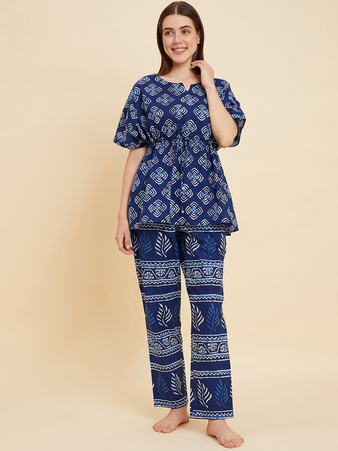 Sweet Dreams Blue & White Ethnic Motifs Printed Pure Cotton Kaftan and Pyjamas