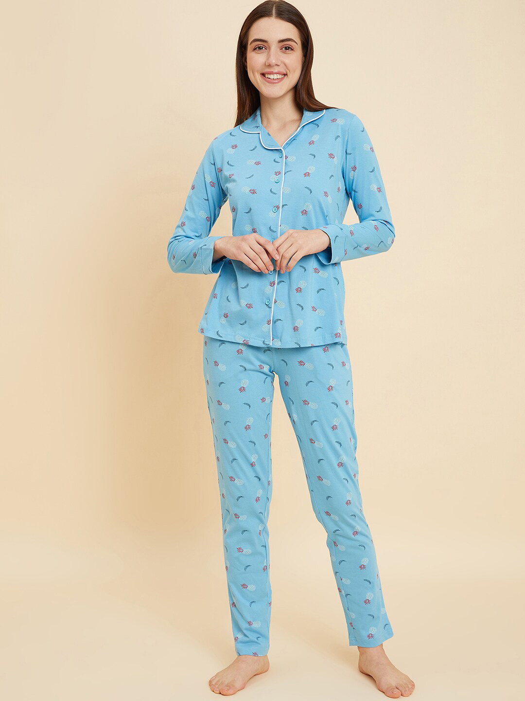 Sweet Dreams Blue & Red Graphic Printed Pure Cotton Shirt With Pyjamas
