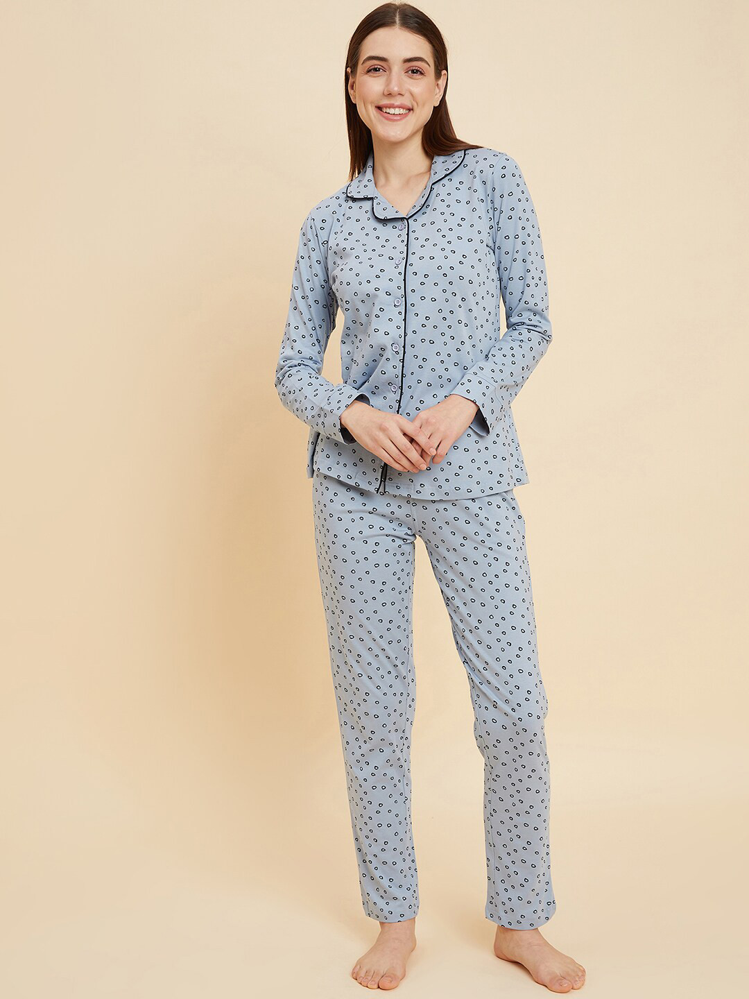 Sweet Dreams Blue & Black Conversational Printed Pure Cotton Shirt With Pyjamas