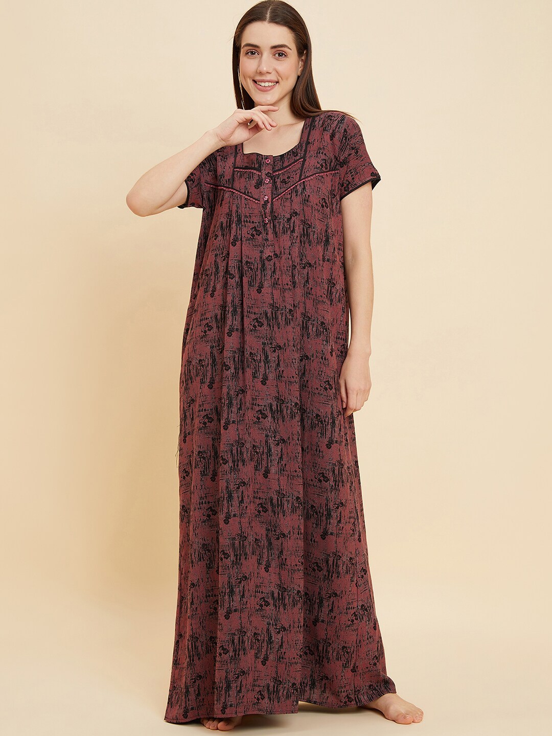 Maybell All Over Abstract Printed Nighty With Floral Embroidery Grey