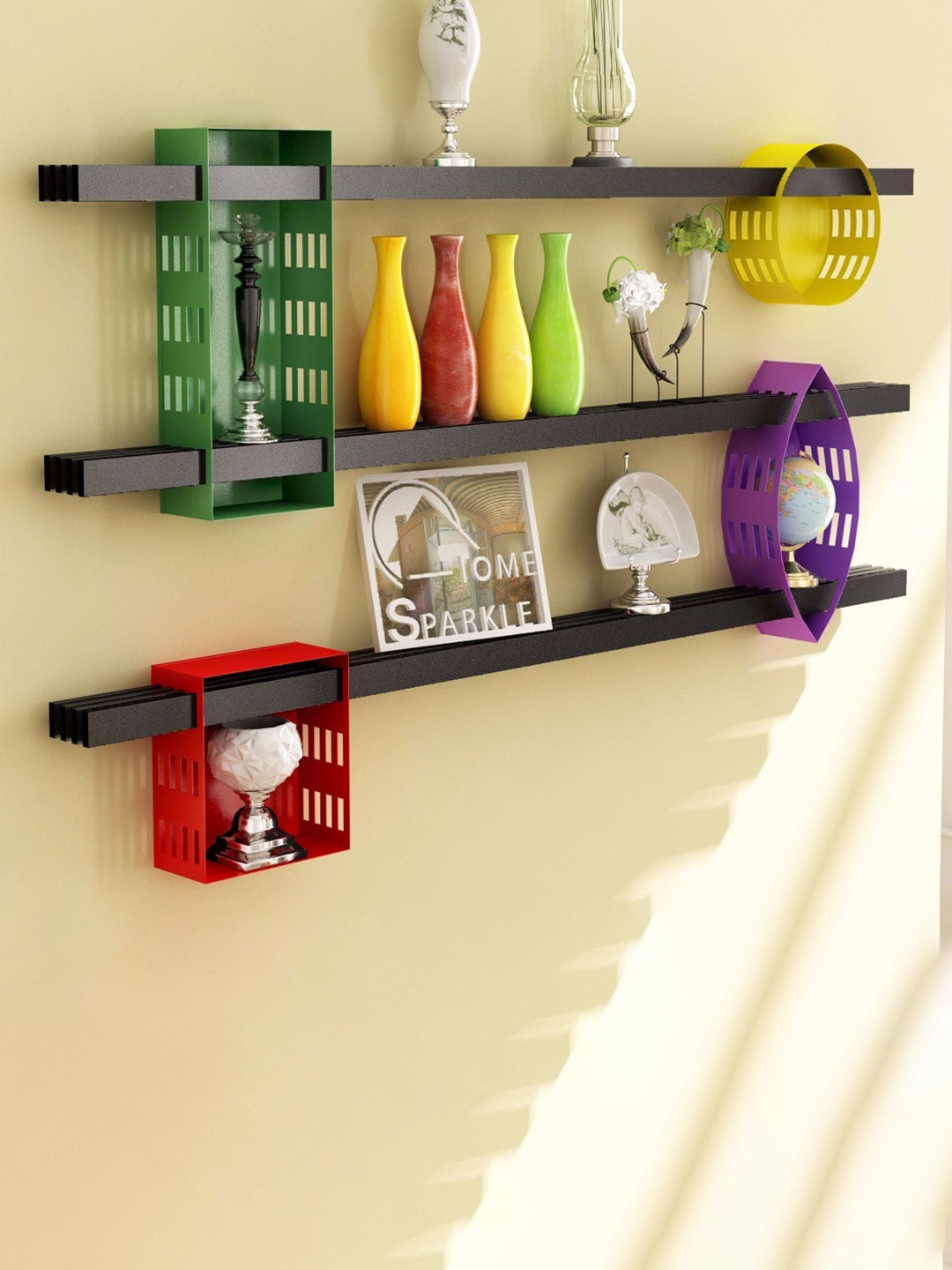 Home Sparkle Black & Red 3 Pieces Metal Wall Shelves