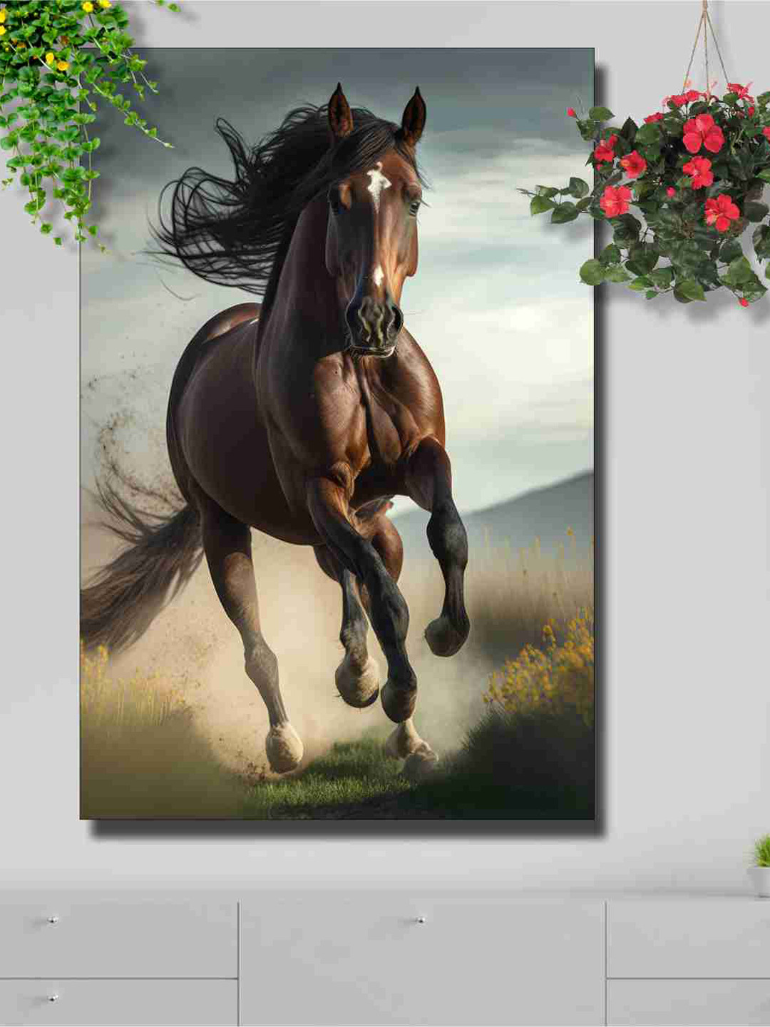 SAF Brown & Grey Running Horse Painted Wall Art
