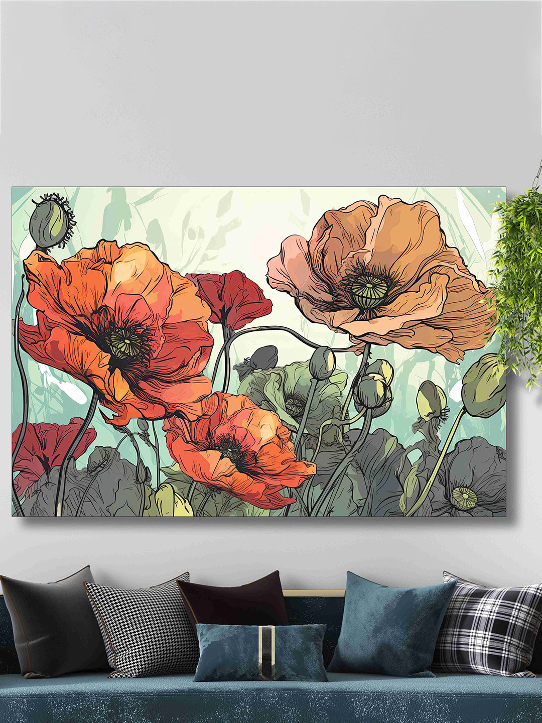 SAF Red & Green Abstract Flower Painted Wall Art