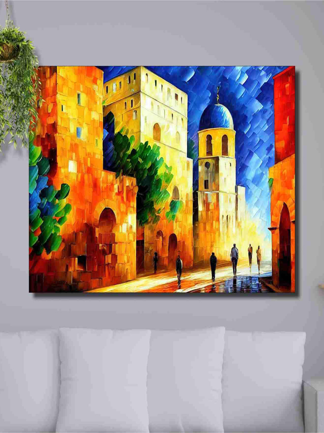 SAF Yellow & Blue Abstract City Painted Wall Art