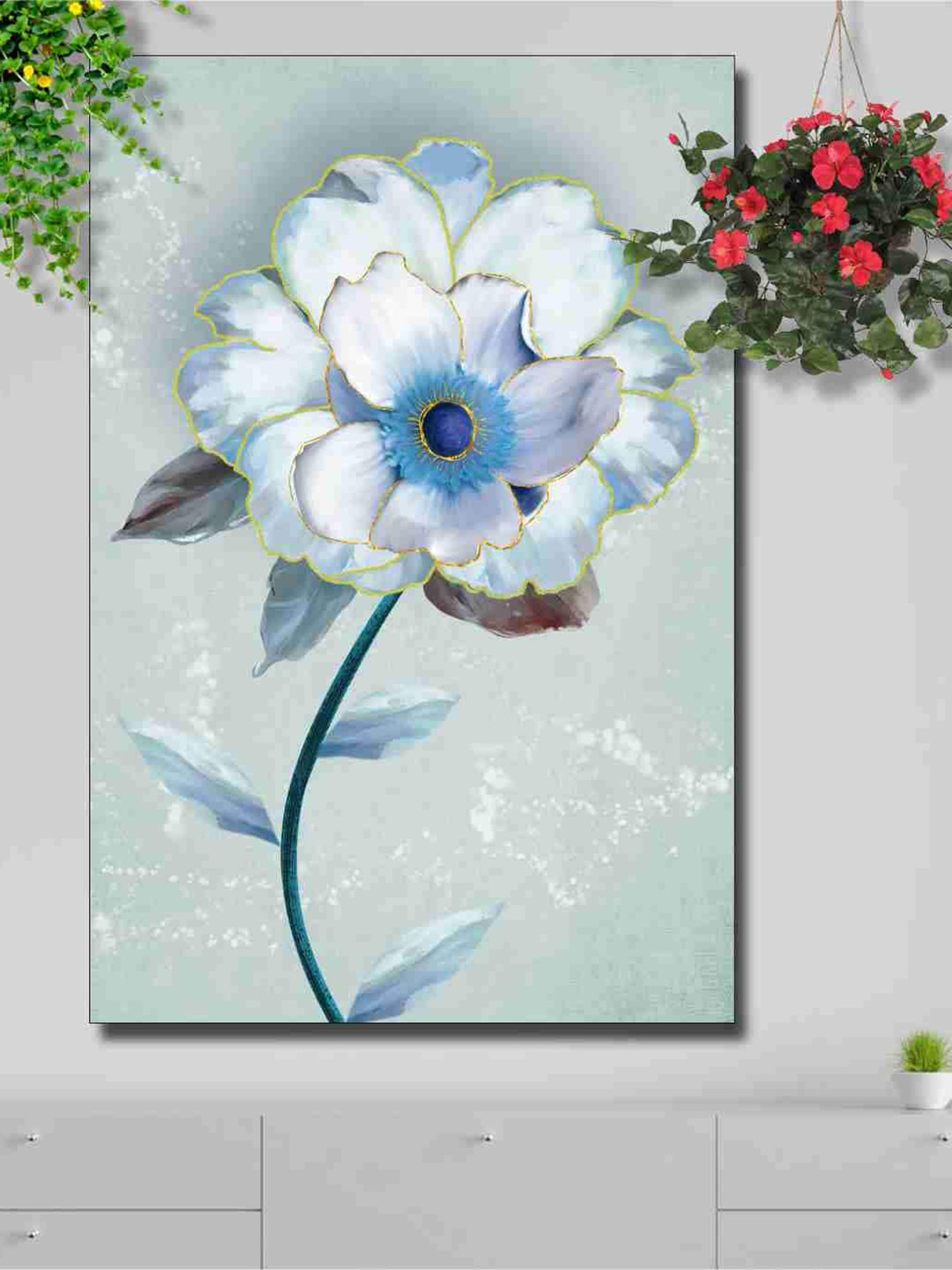 SAF Flower Blue Canvas Wall Living Room Rectangle Potrait Paintings Wall Art -91.44 x 24In