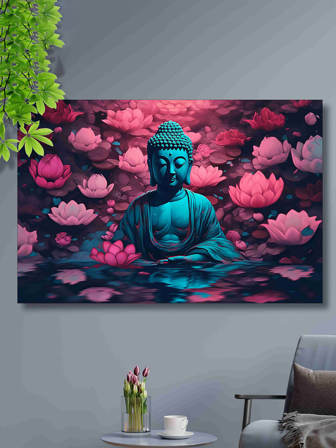 SAF Turquoise Blue & Pink Lord Buddha Canvas Painting Wall Art