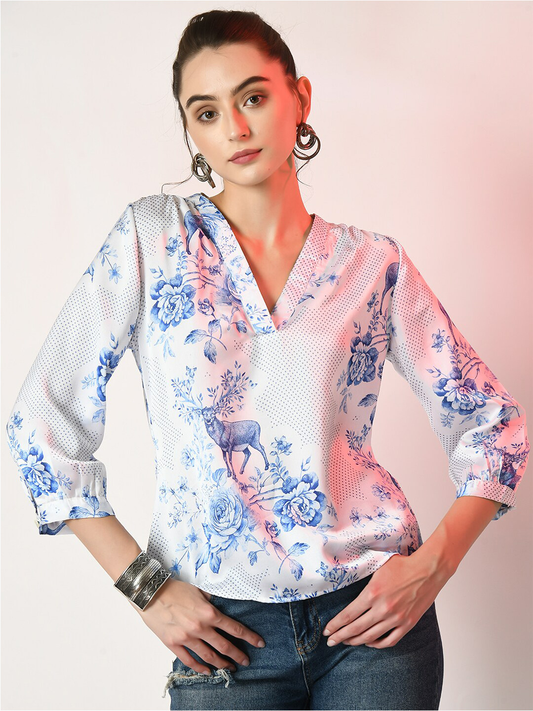 DressBerry Floral Printed V-Neck Satin Top