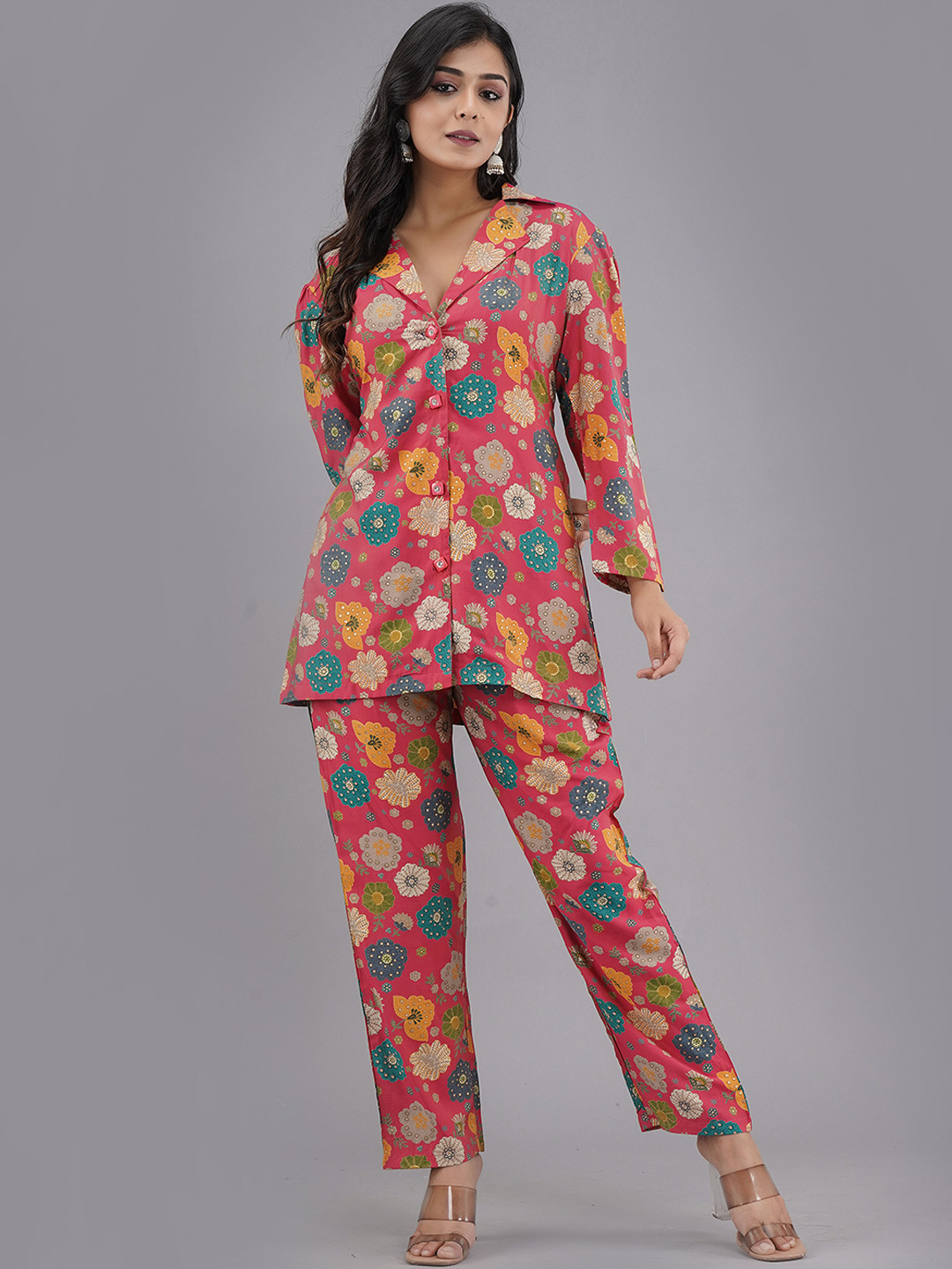 Sangria Coral Printed Pure Cotton Shirt With Trousers