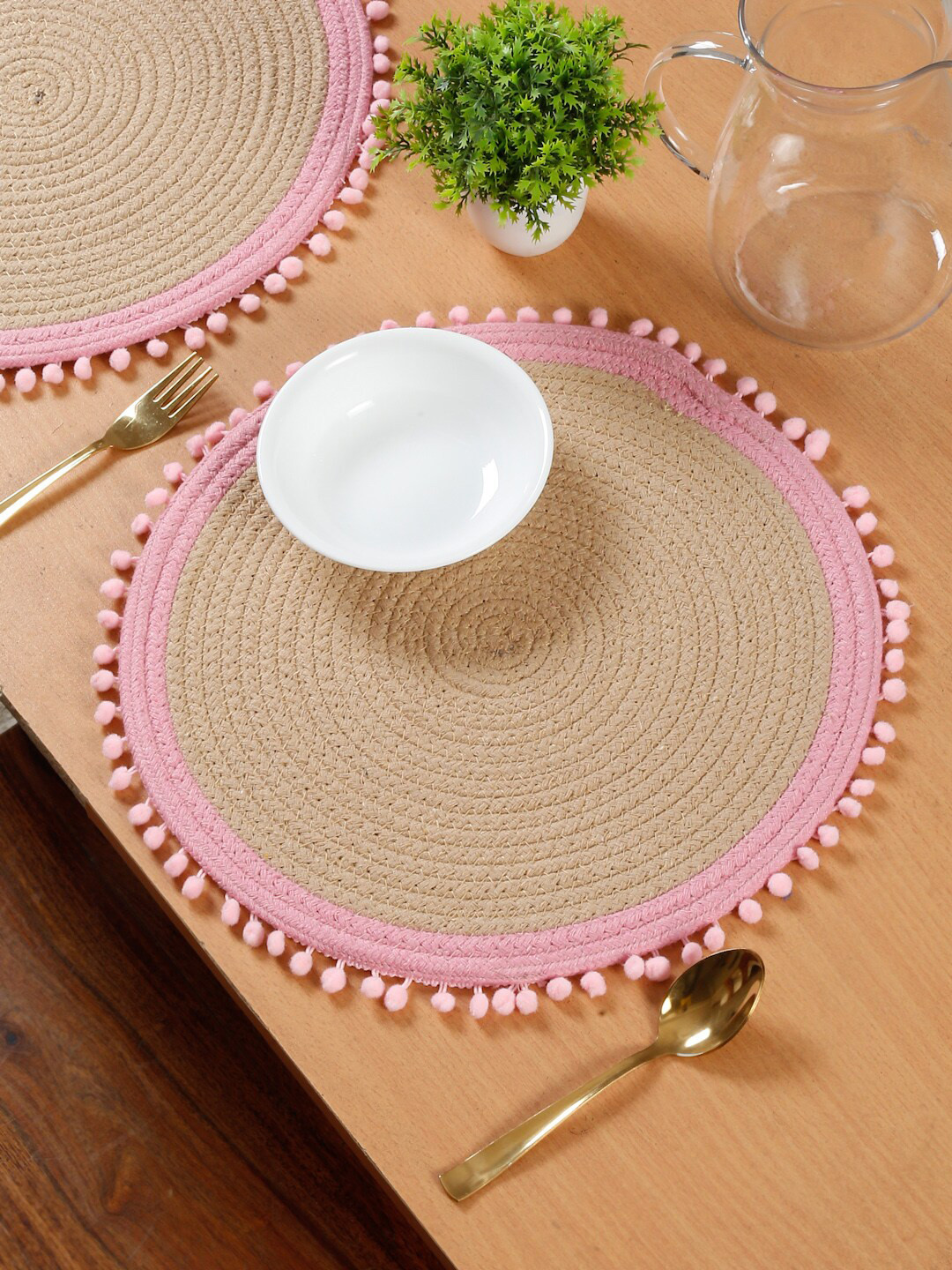 HOSTA HOMES 4 Pieces Beige & Pink Self Design Pure Cotton Table Placemats