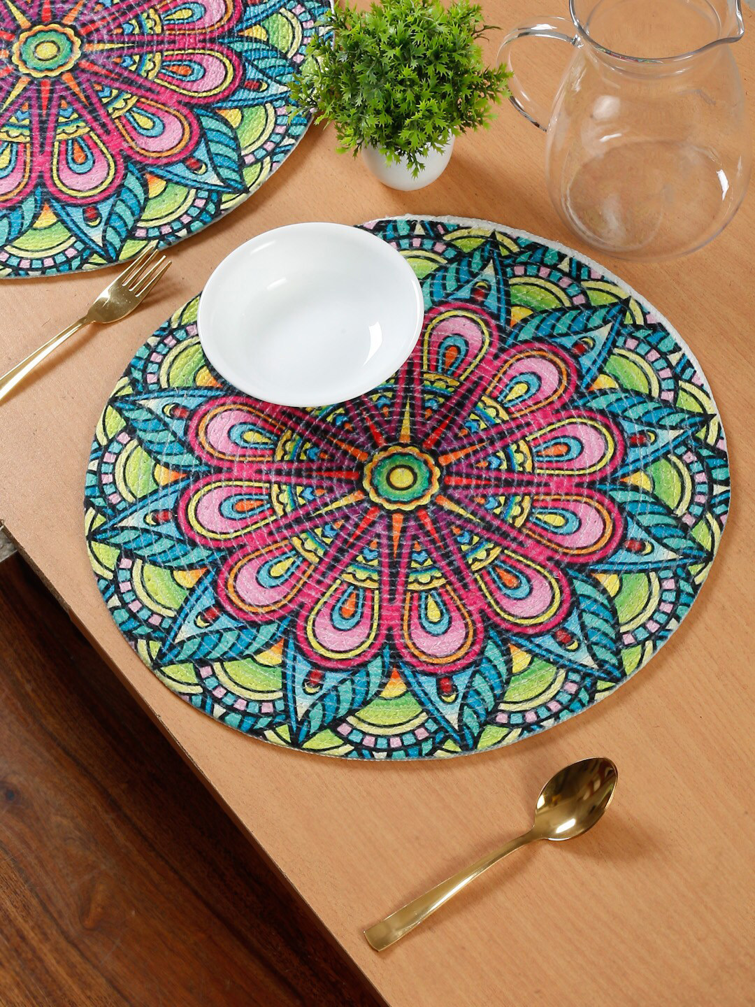 HOSTA HOMES 4 Pieces Pink & Green Printed Pure Cotton Table Placemats