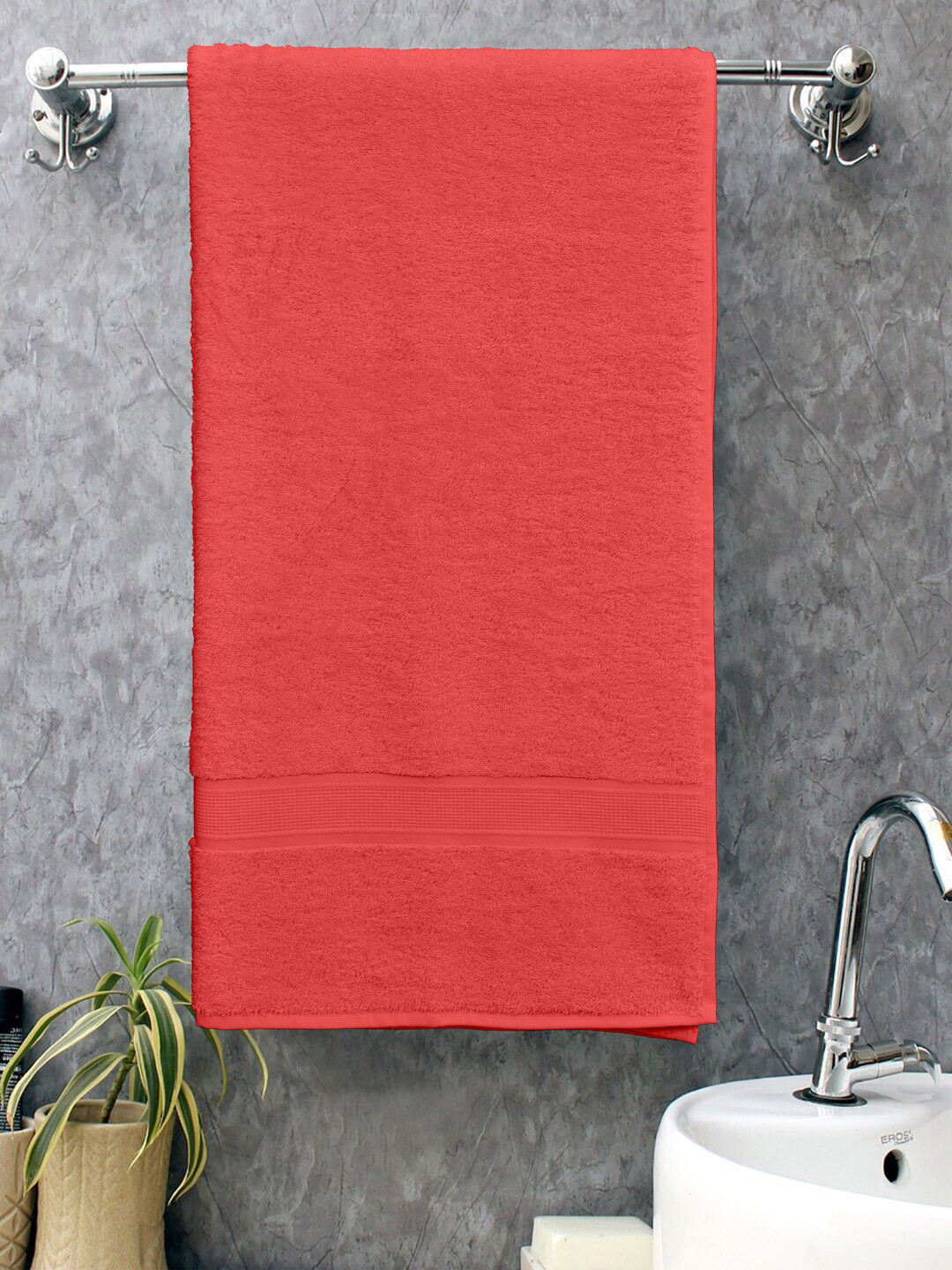 Home Fresh Tulip Red Self-Designed 450 GSM Pure Cotton Bath Towel
