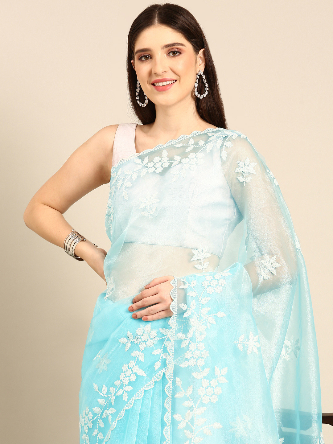 BAPS Floral Embroidered Organza Designer Saree
