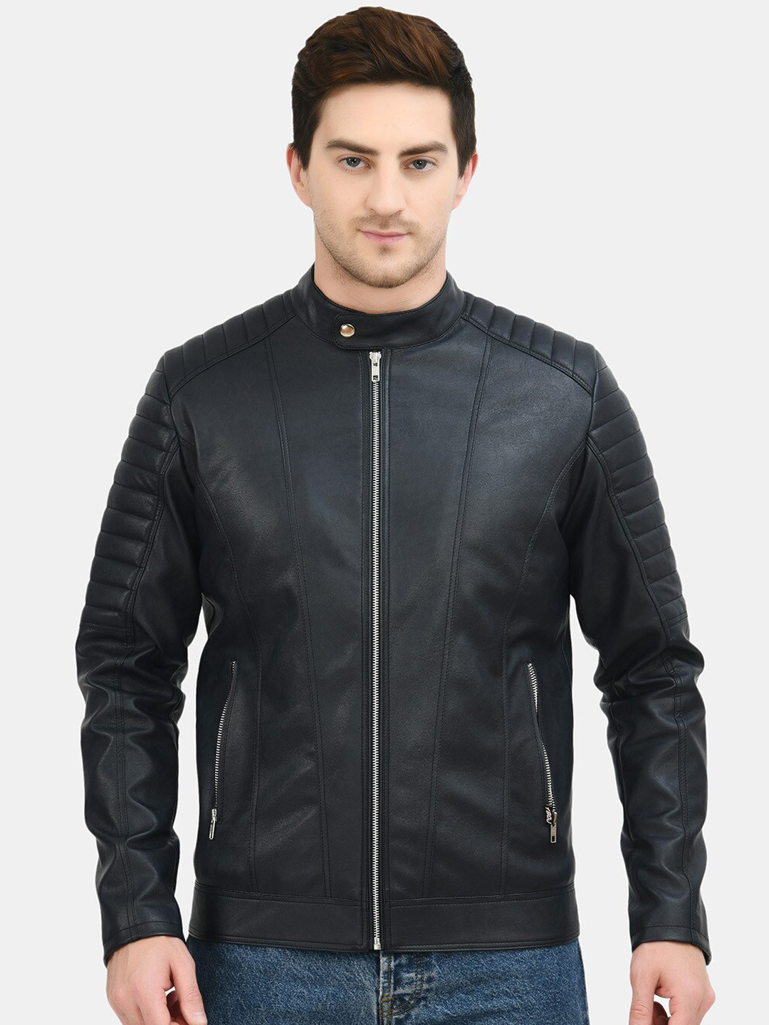 TBOJ Stand Collar Lightweight Biker Jacket With Zip Detail