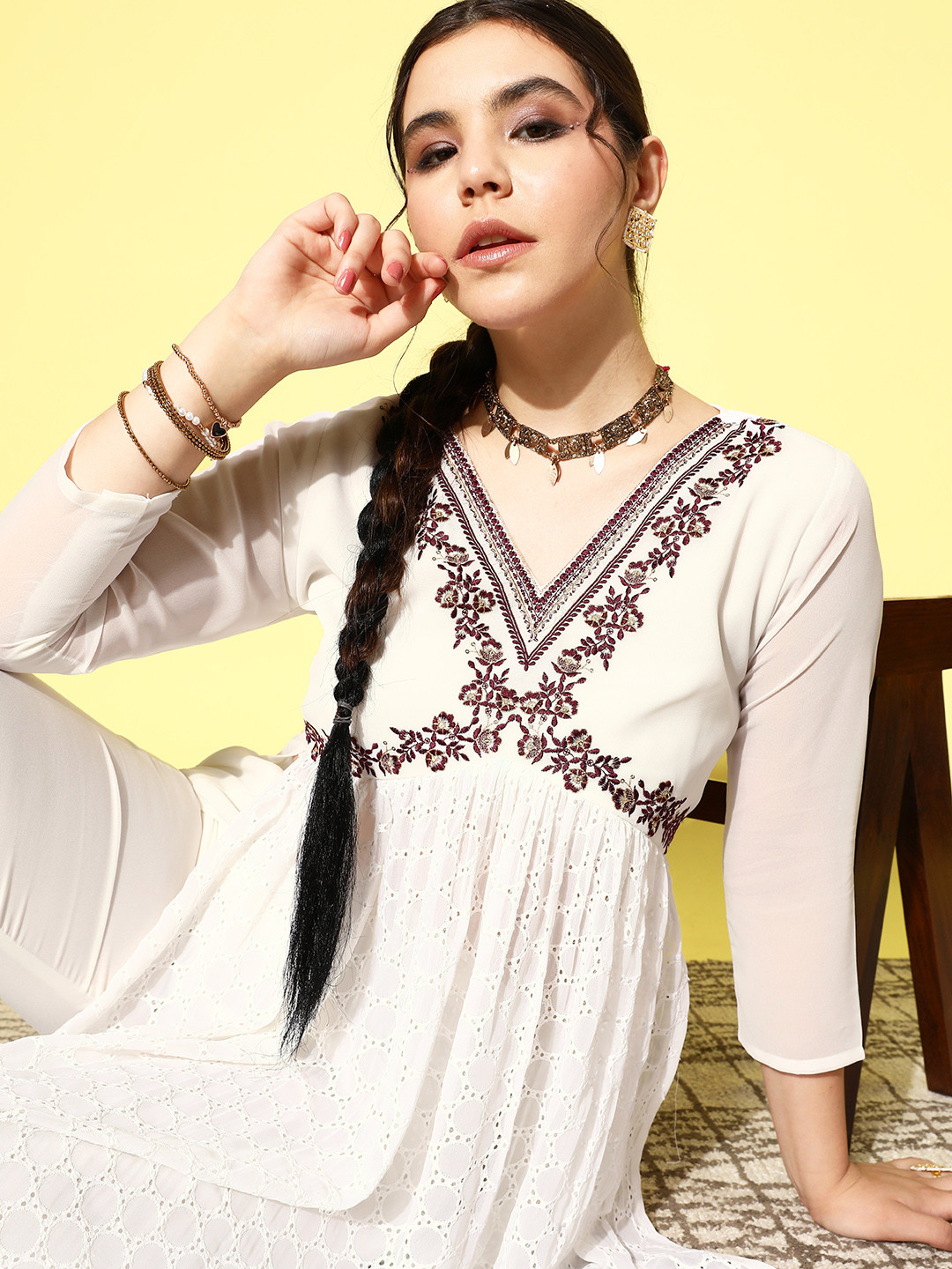 Kvsfab Women Floral Embroidered High Slit Sequinned Kurta with Trousers