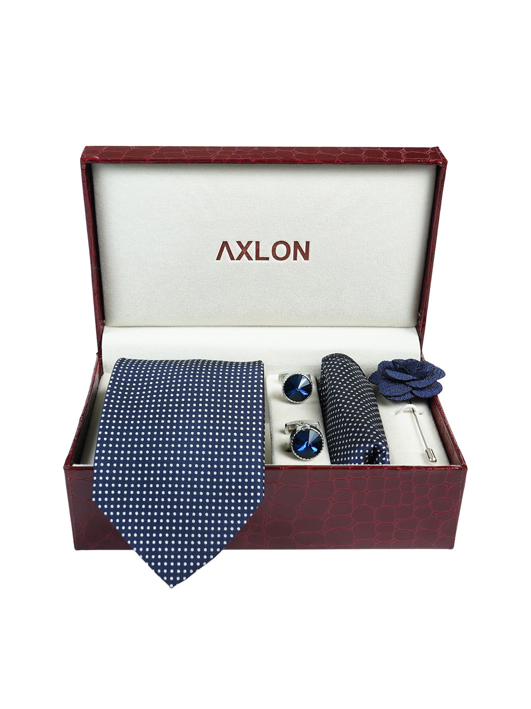 AXLON Men Polka Dotted Design Tie Set With Pocket Square-Cufflink & Flower Pin
