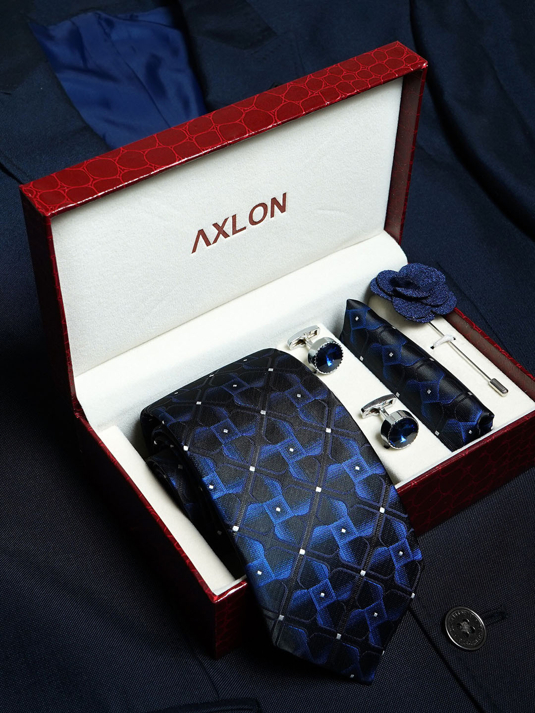 AXLON Men 3D Geometric Design Tie Set With Pocket Square-Cufflink & Flower Pin