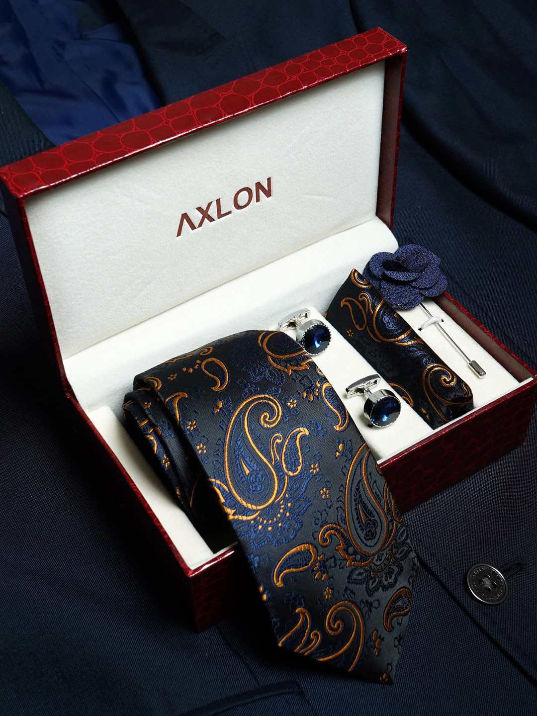 AXLON Men Printed Tie Set With Pocket Square, Cufflink & Flower Pin