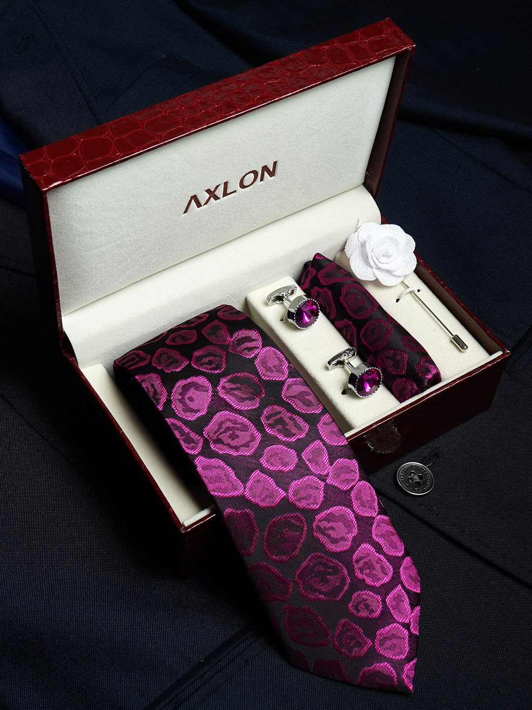 AXLON Men Printed Tie Set With Pocket Square, Cufflink & Flower Pin