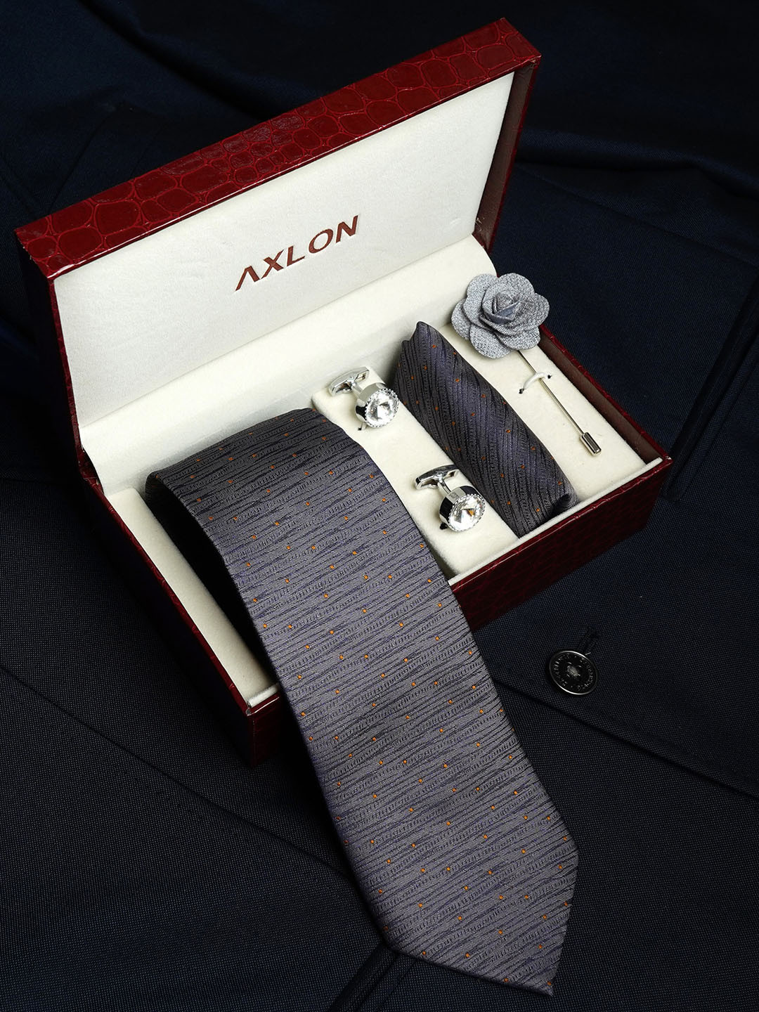 AXLON Men Geometric Design Tie Set With Pocket Square-Cufflink & Flower Pin