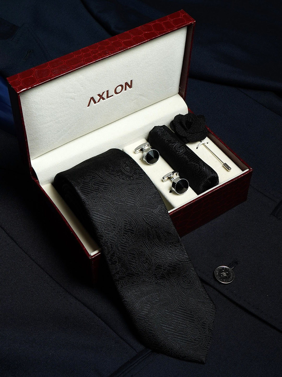 AXLON Men Paisley Design Tie Set With Pocket Square-Cufflink & Flower Pin