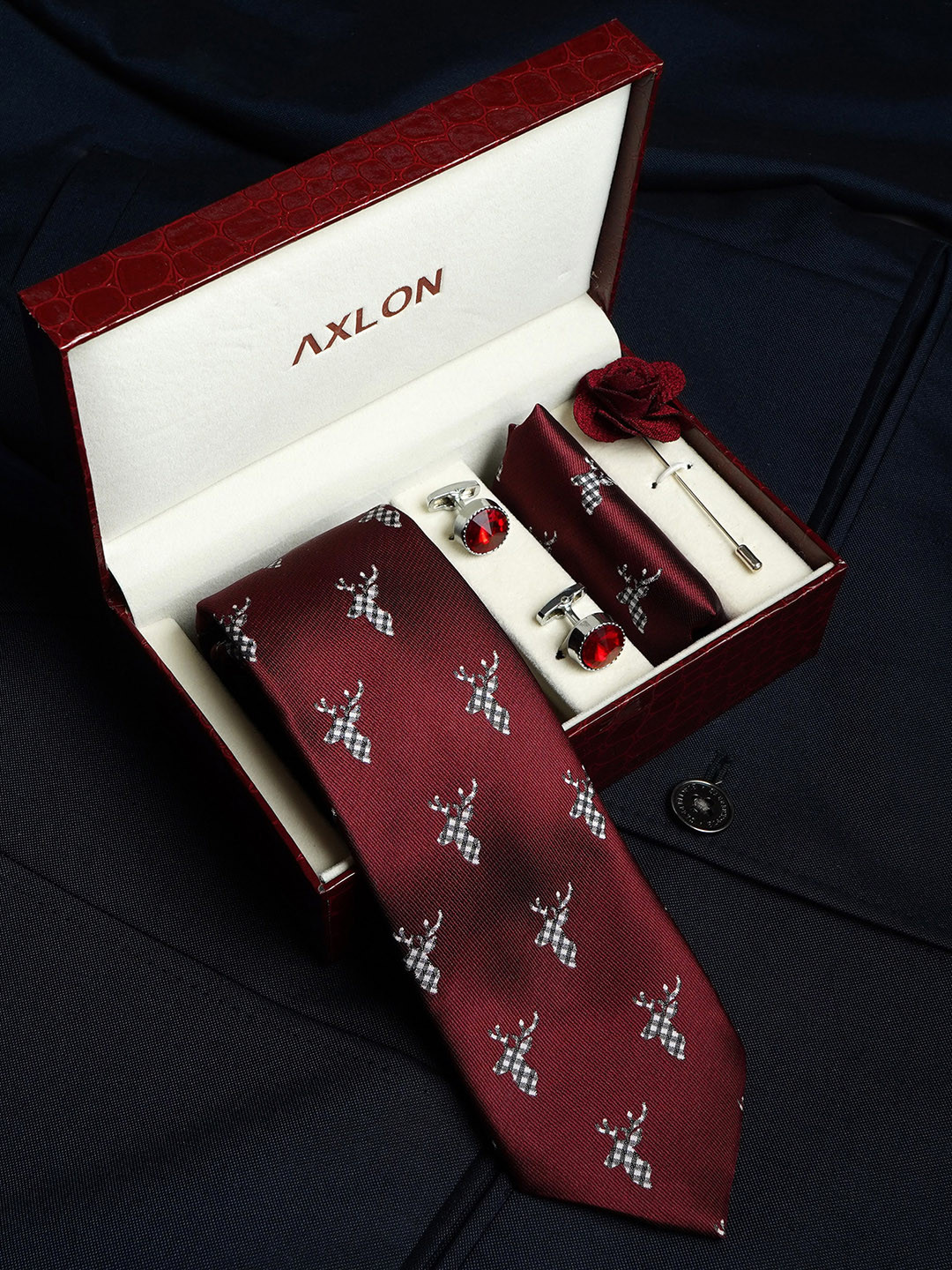 AXLON Men Animal Paisley Design Tie Set With Pocket Square-Cufflink & Flower Pin