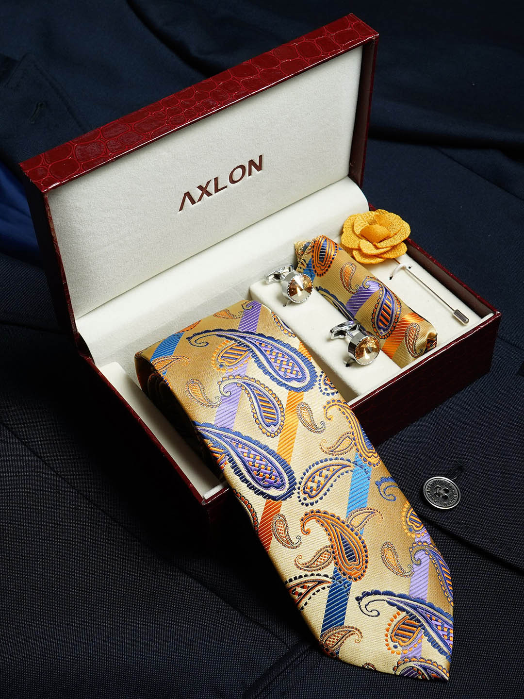 AXLON Men Printed Tie Set With Pocket Square, Cufflink & Flower Pin