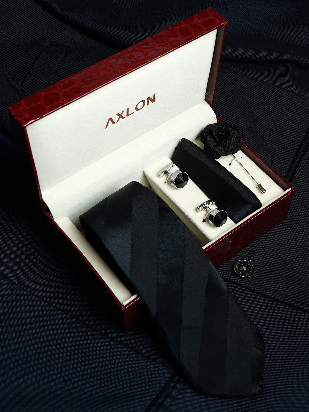 AXLON Set Of 4 Printed Necktie Pocket Square With Cufflink & Flower Pin Accessory Gift Set