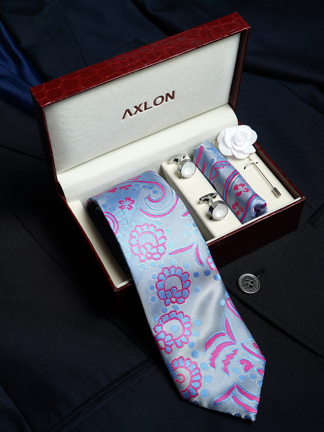 AXLON Set Of 4 Printed Necktie Pocket Square With Cufflink & Flower Pin Accessory Gift Set
