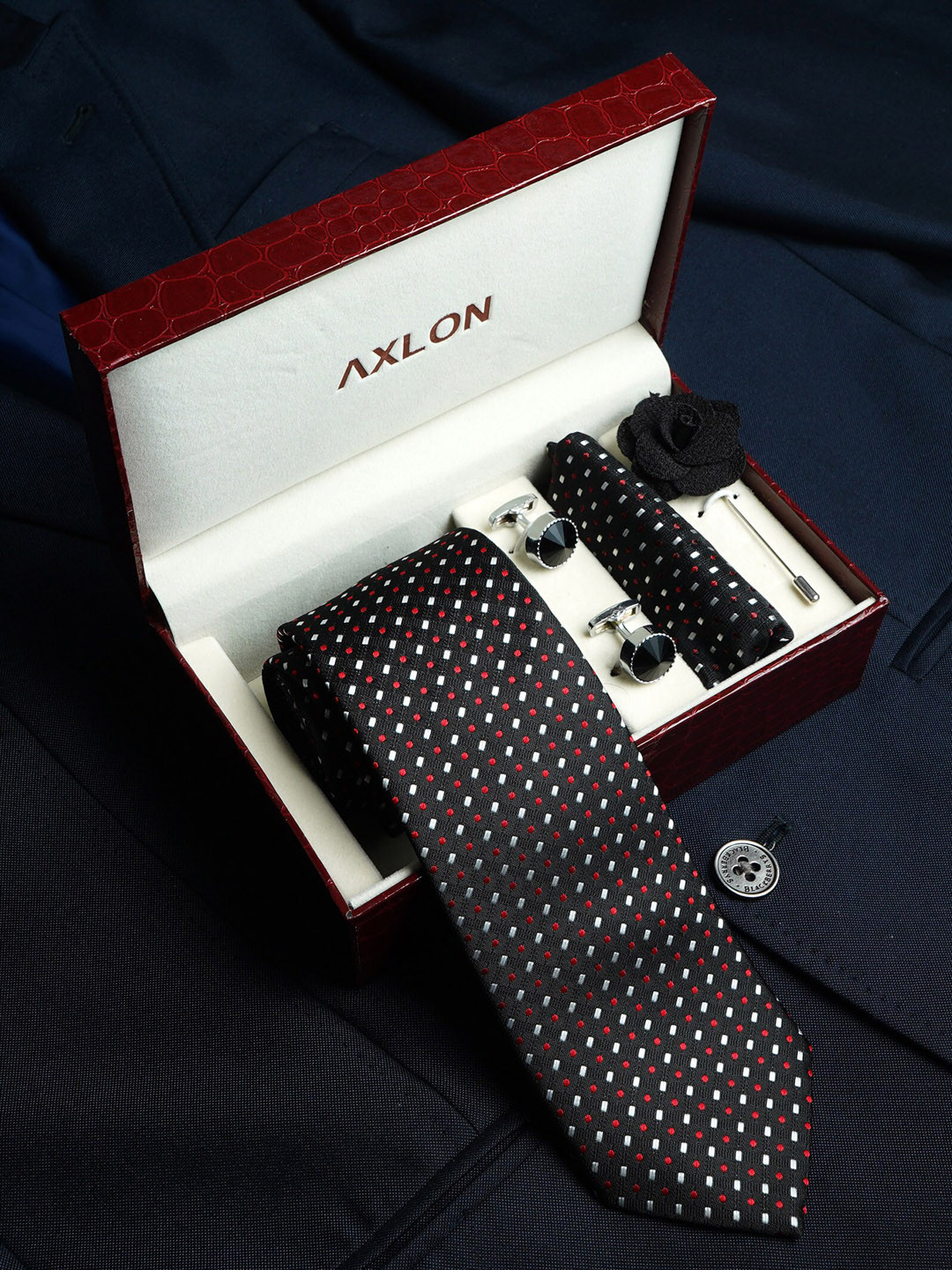 AXLON Men Woven Design Tie With Pocket Square, Cufflink & Flower Pin