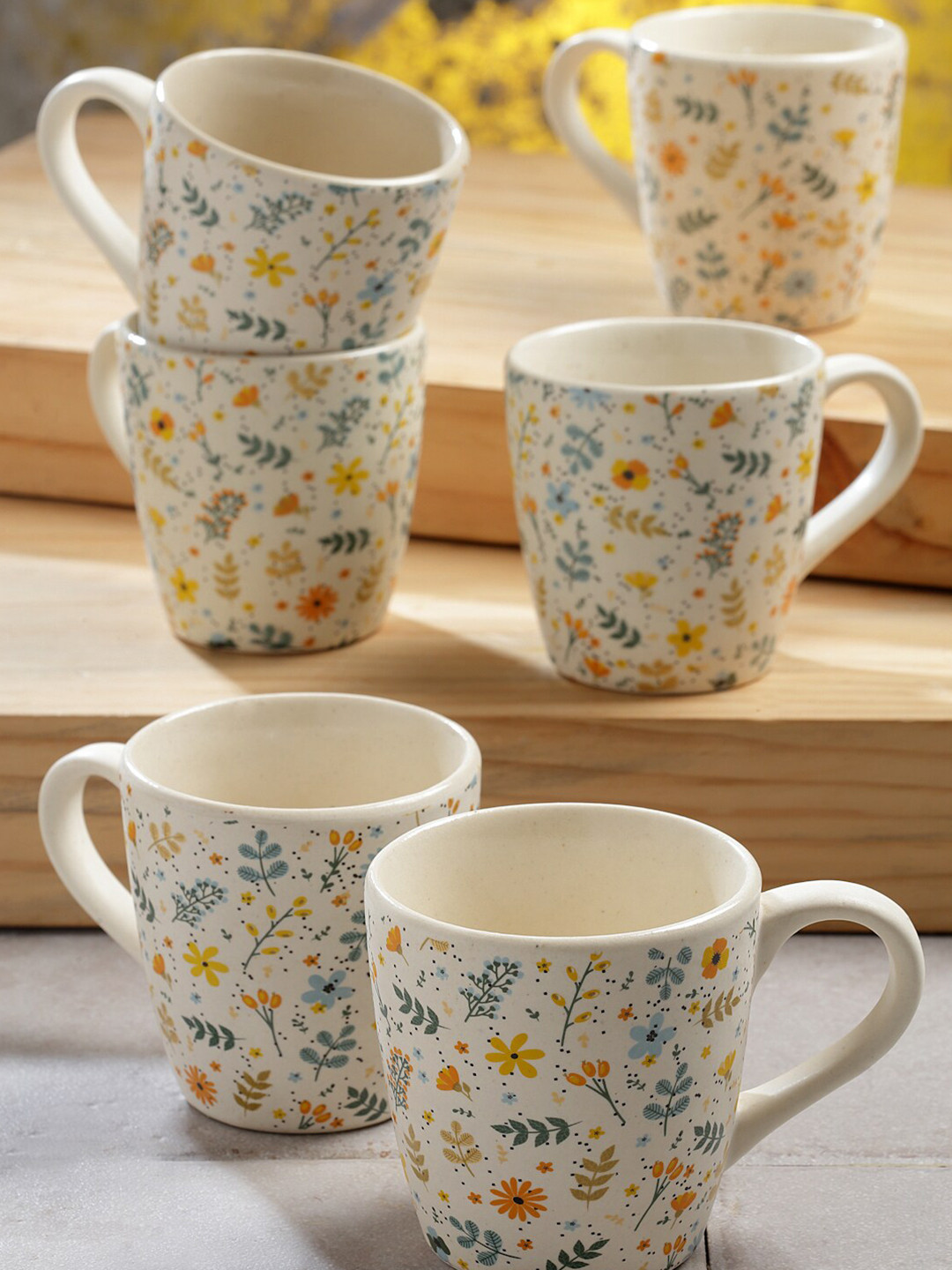 Arrabi Udayan Name Personalised White Floral Stoneware Handcrafted 6 Piece Cups-220ml