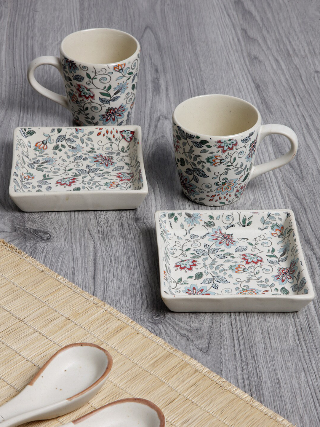 Arrabi Real Gold Line Cream Floral Stoneware Dishwasher Safe 2 Piece Cup with 2 Tray-220ml