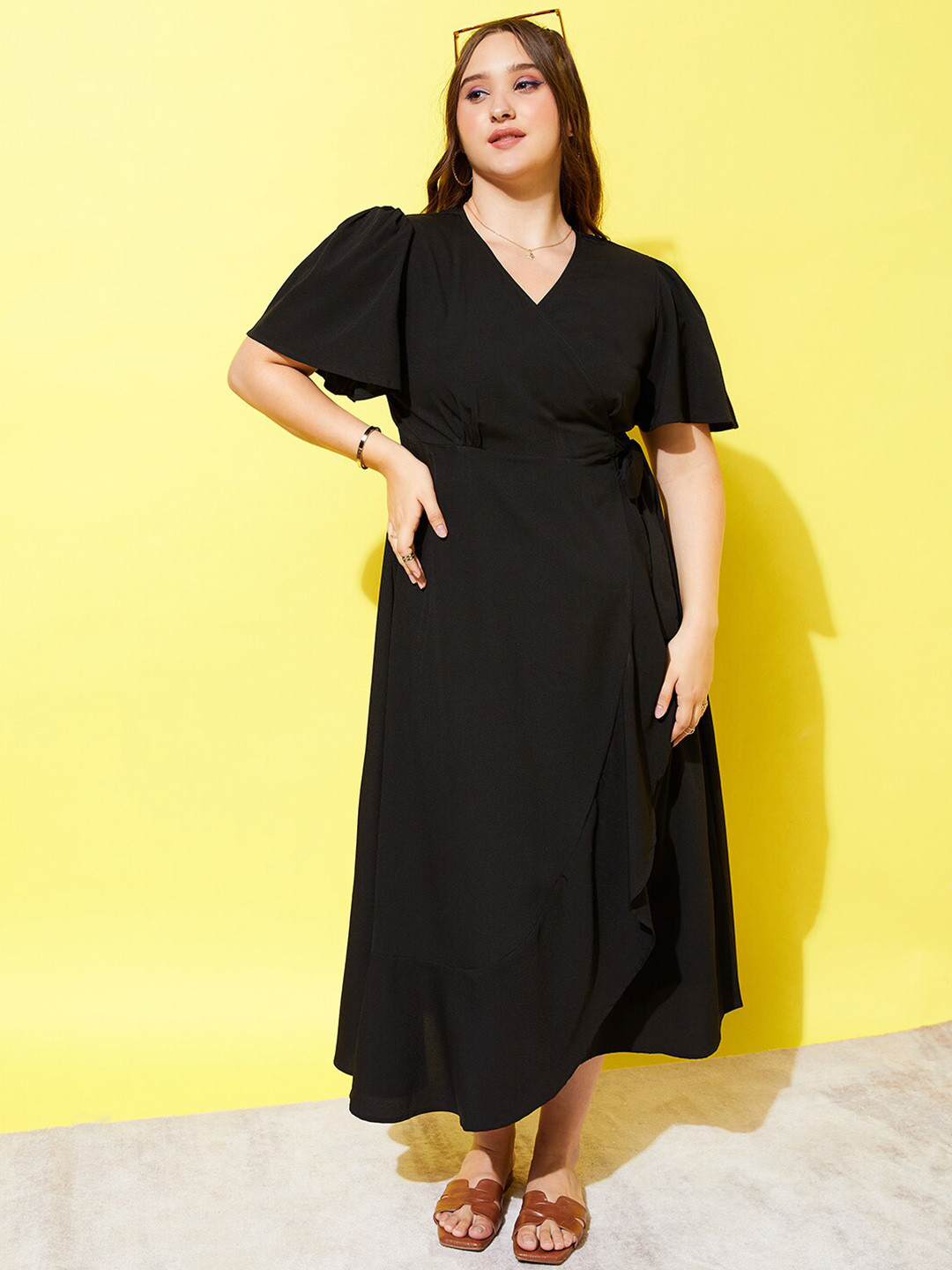 Berrylush Curve V-Neck Flared Sleeves Wrap Maxi Dress