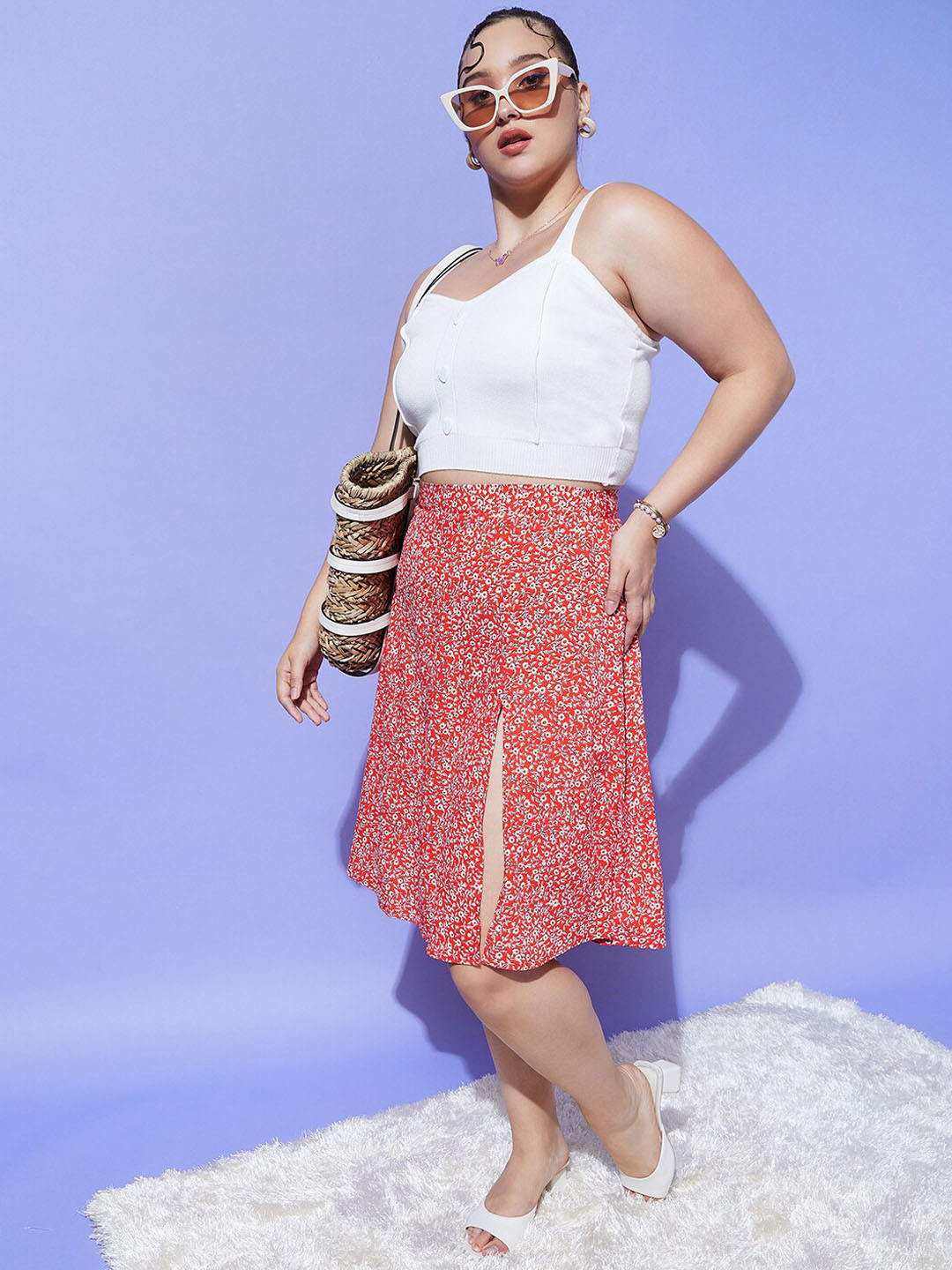 Berrylush Curve Plus Size Red Floral Printed Knee-Length A-Line Skirt