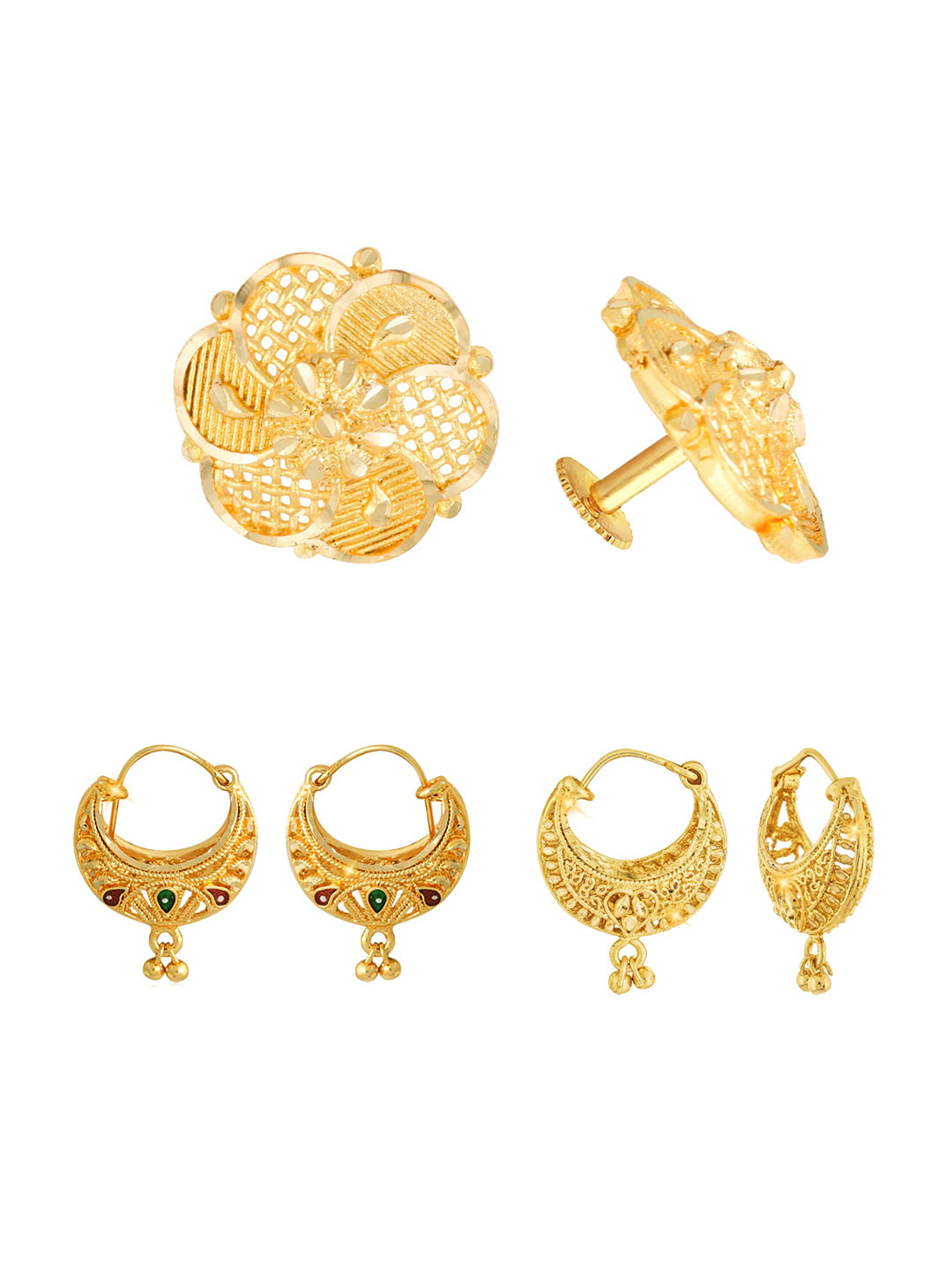 Vighnaharta Set Of 3 Gold-Plated Floral Hoop Earrings