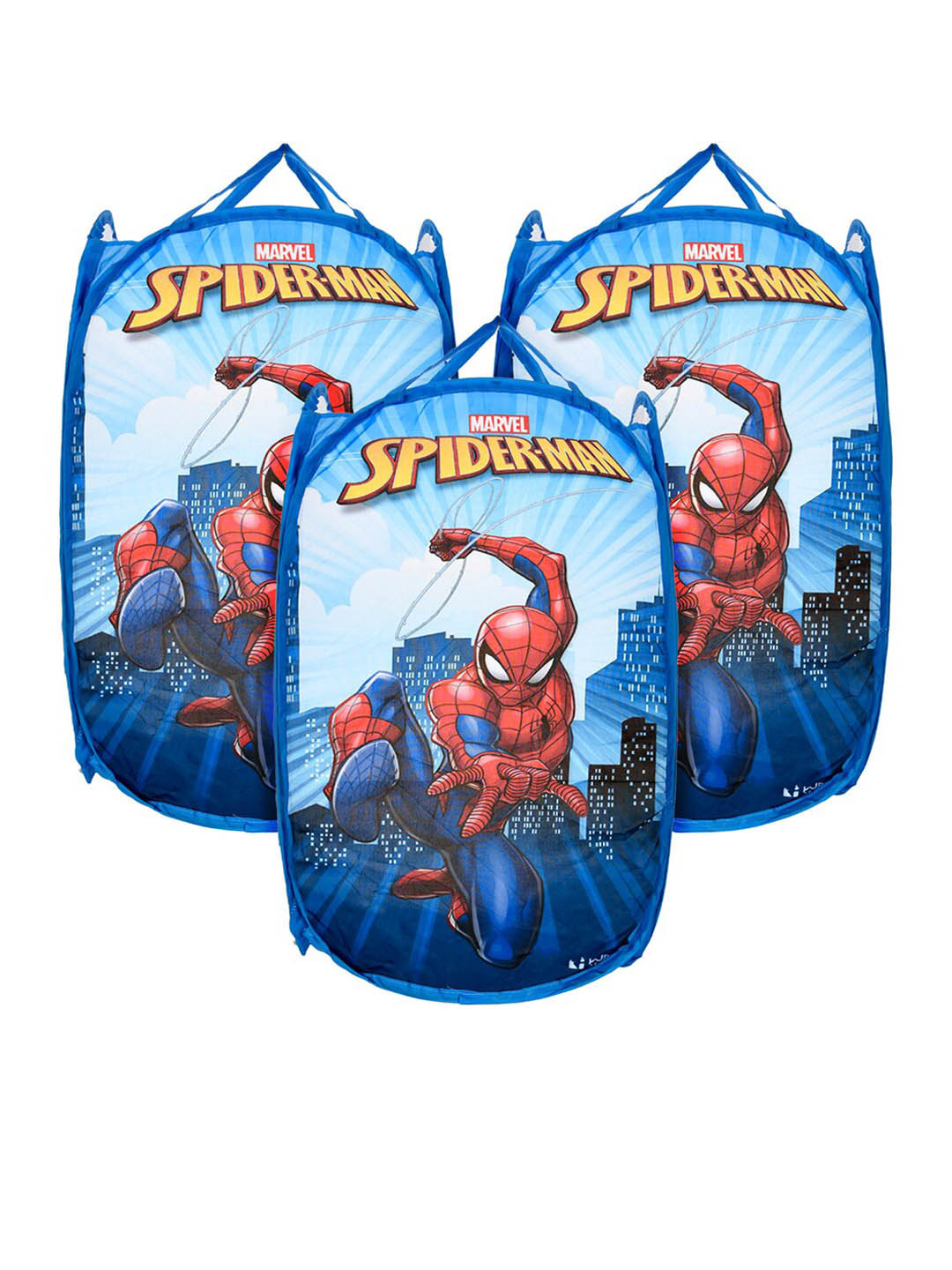 Kuber Industries Blue & Red 3 Pieces Marvel Spiderman Printed Laundry Bags
