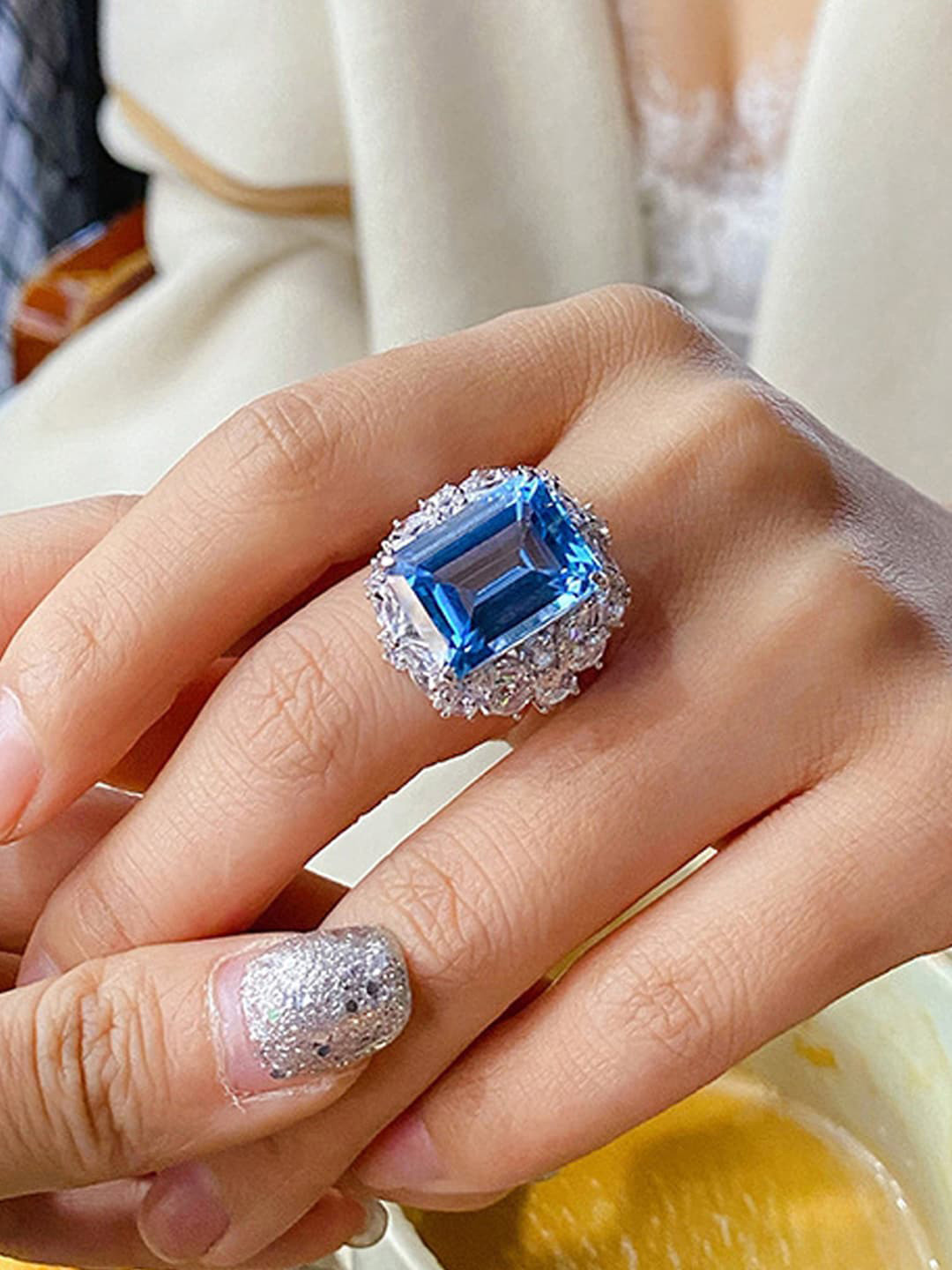 Designs & You Silver-Plated AD Studded Rectangular Finger Ring