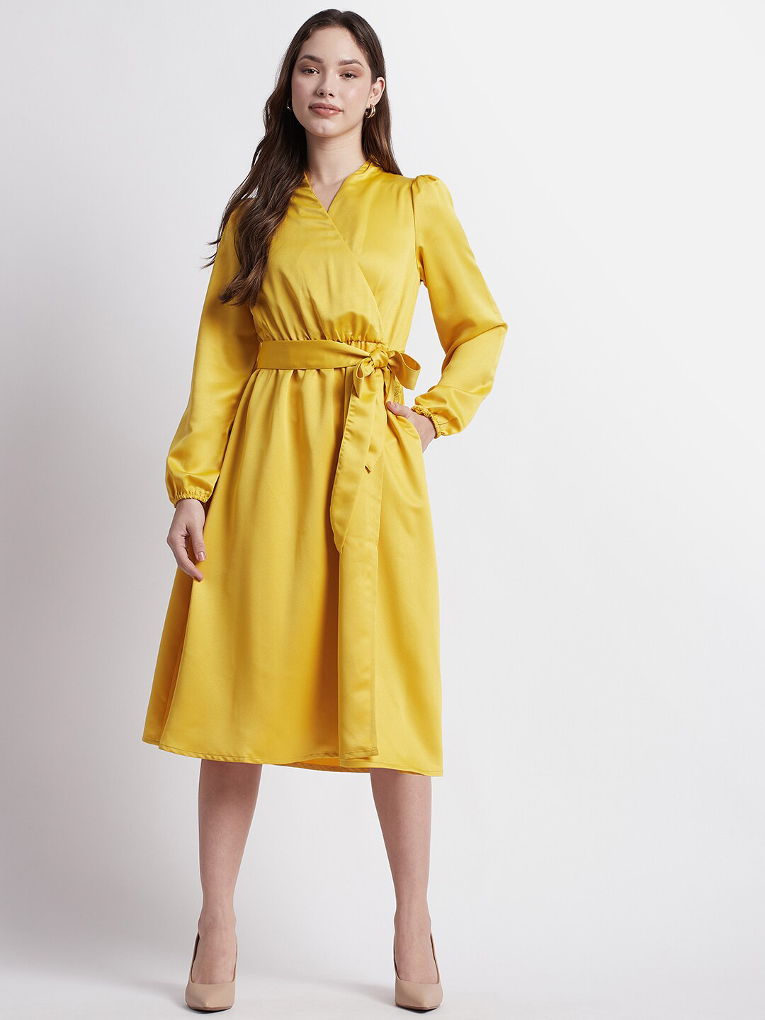 Beverly Hills Polo Club Puff Sleeves Belted Satin Wrap Midi Dress