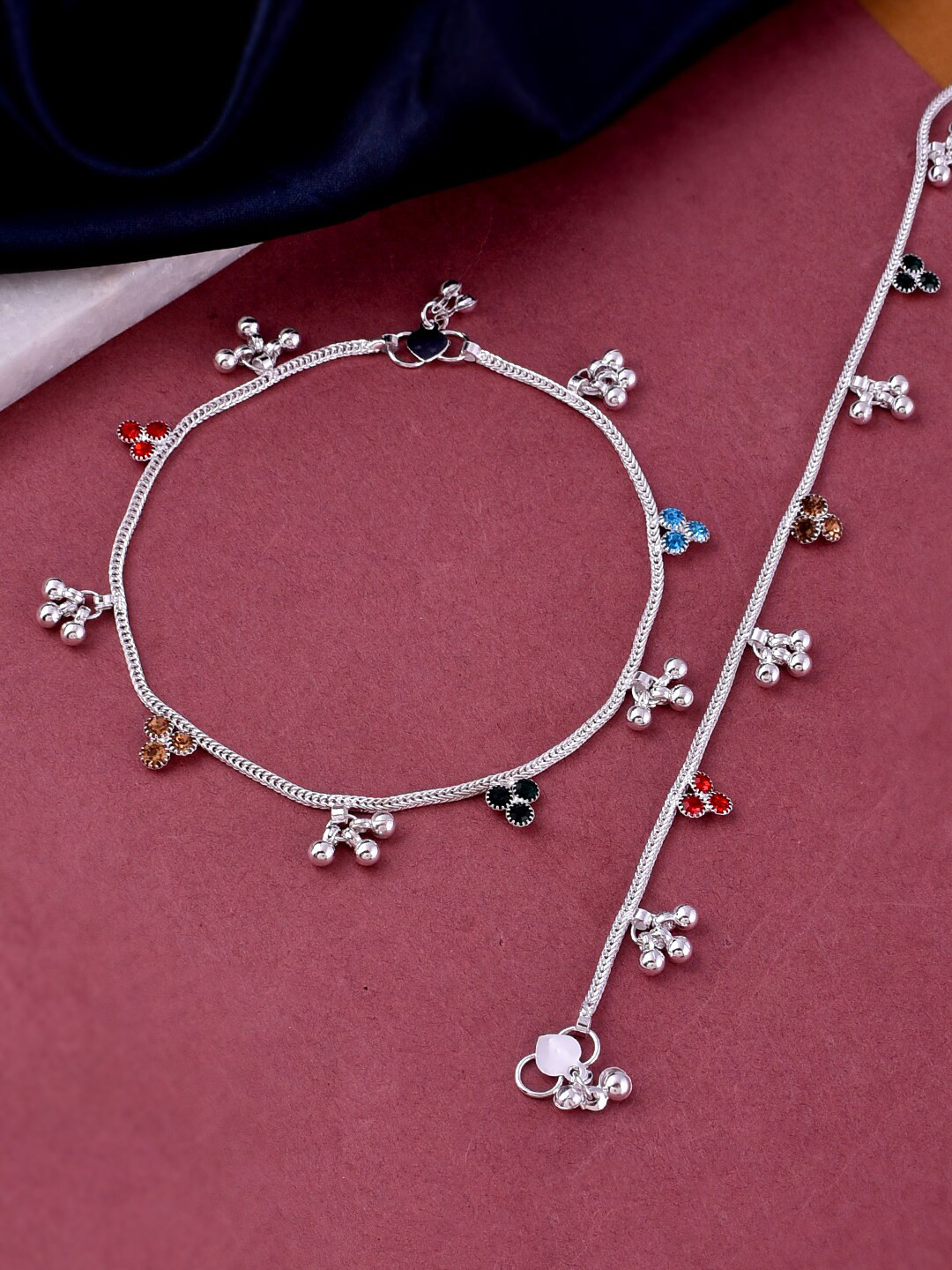Silvermerc Designs Silver-Plated Stone-Studded With Ghungroo Charms Anklets