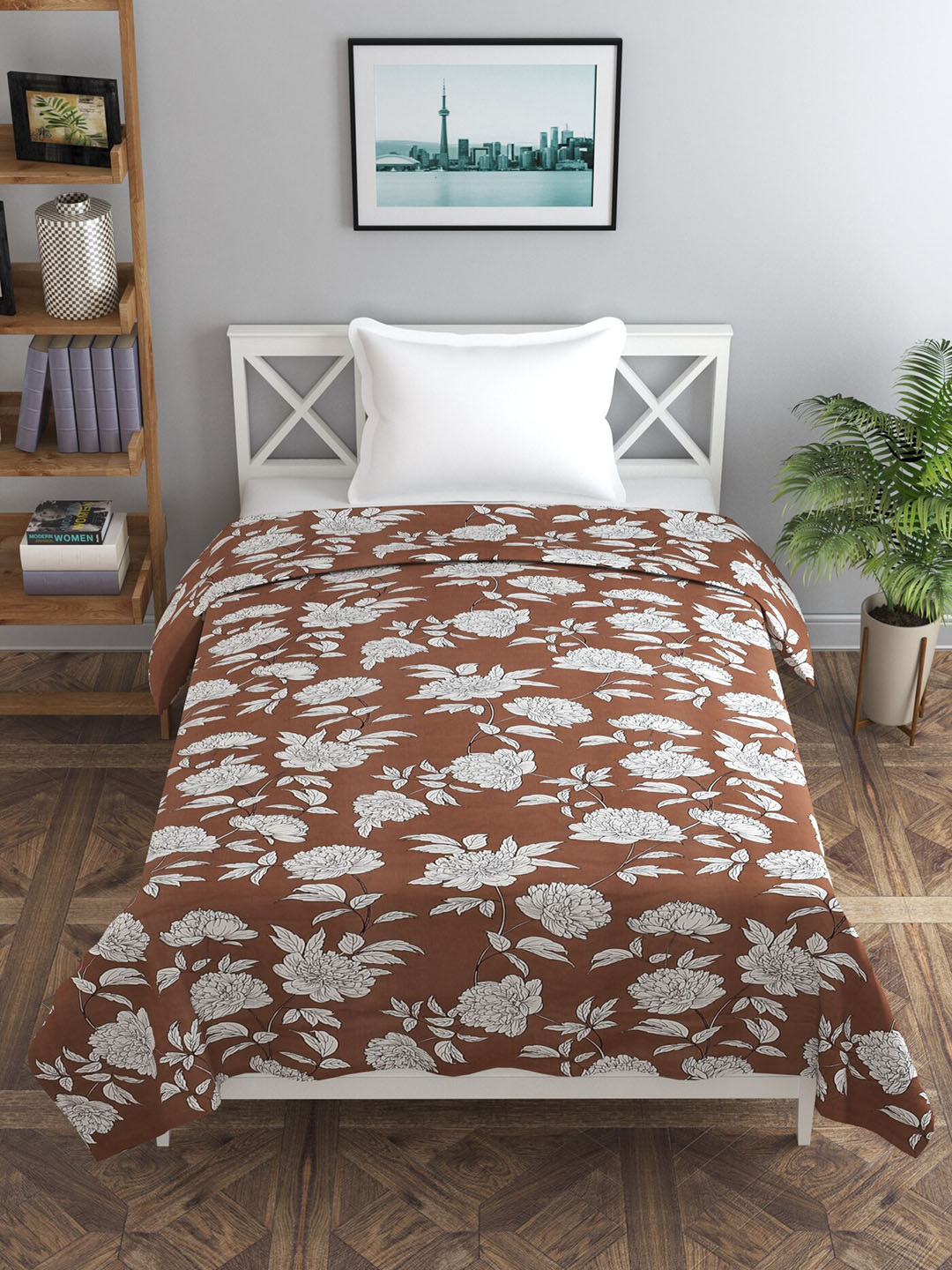 MORADO Coffee Brown & White Floral-Printed Double Queen Duvet Cover