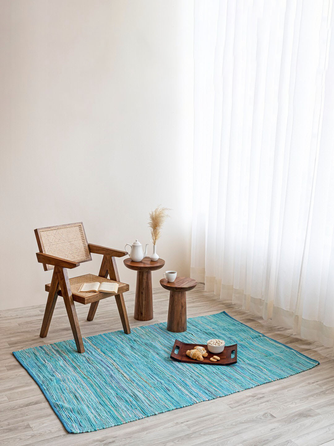 HOMEMONDE Blue Striped Reversible Woven Carpet