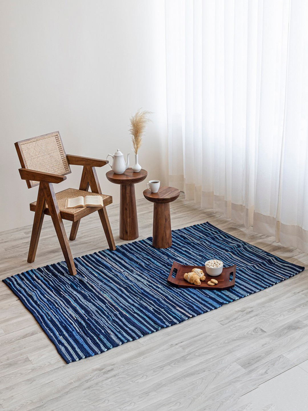 HOMEMONDE Navy Blue Striped Reversible Carpet