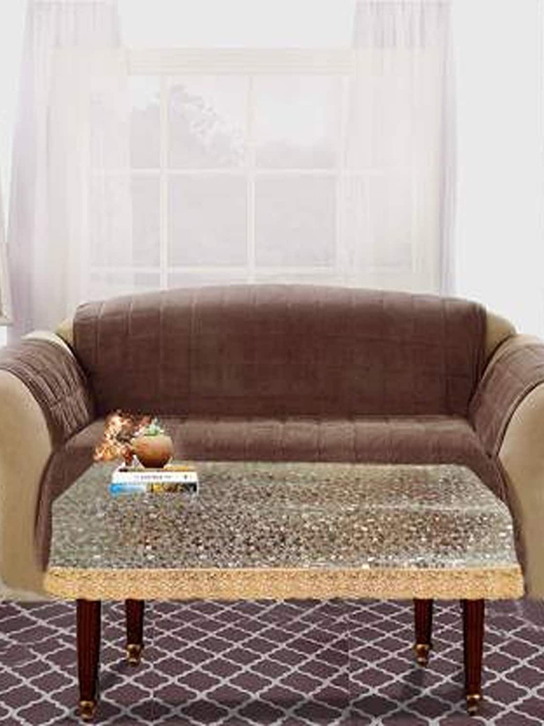 Dakshya Industries Transparent & Gold Toned Printed 4-Seater Center Table Cover