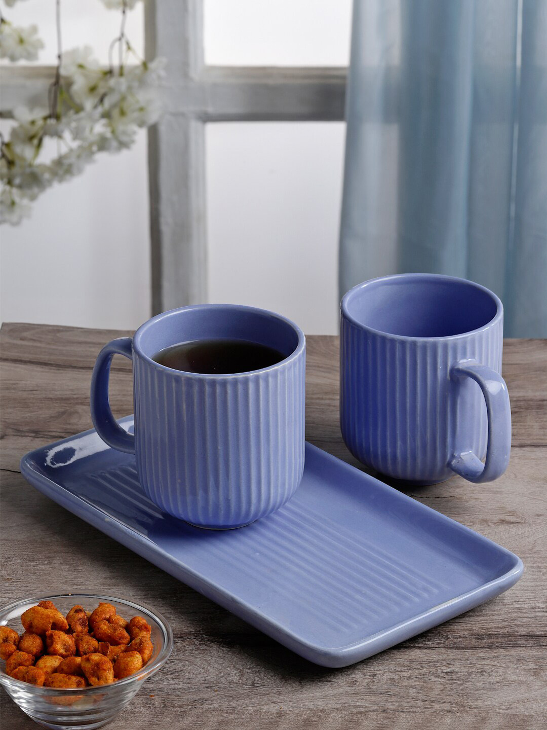 Arrabi Praveen Name Personalised Blue Striped Ceramic Microwave Safe 2 Piece Mug with Tray-220ml
