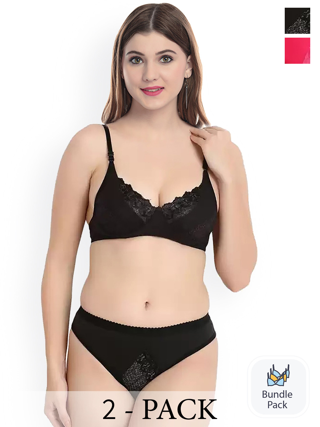 AROUSY Pack Of 2 Cotton Lingerie Sets Y_Mia Set_Black,Red_30