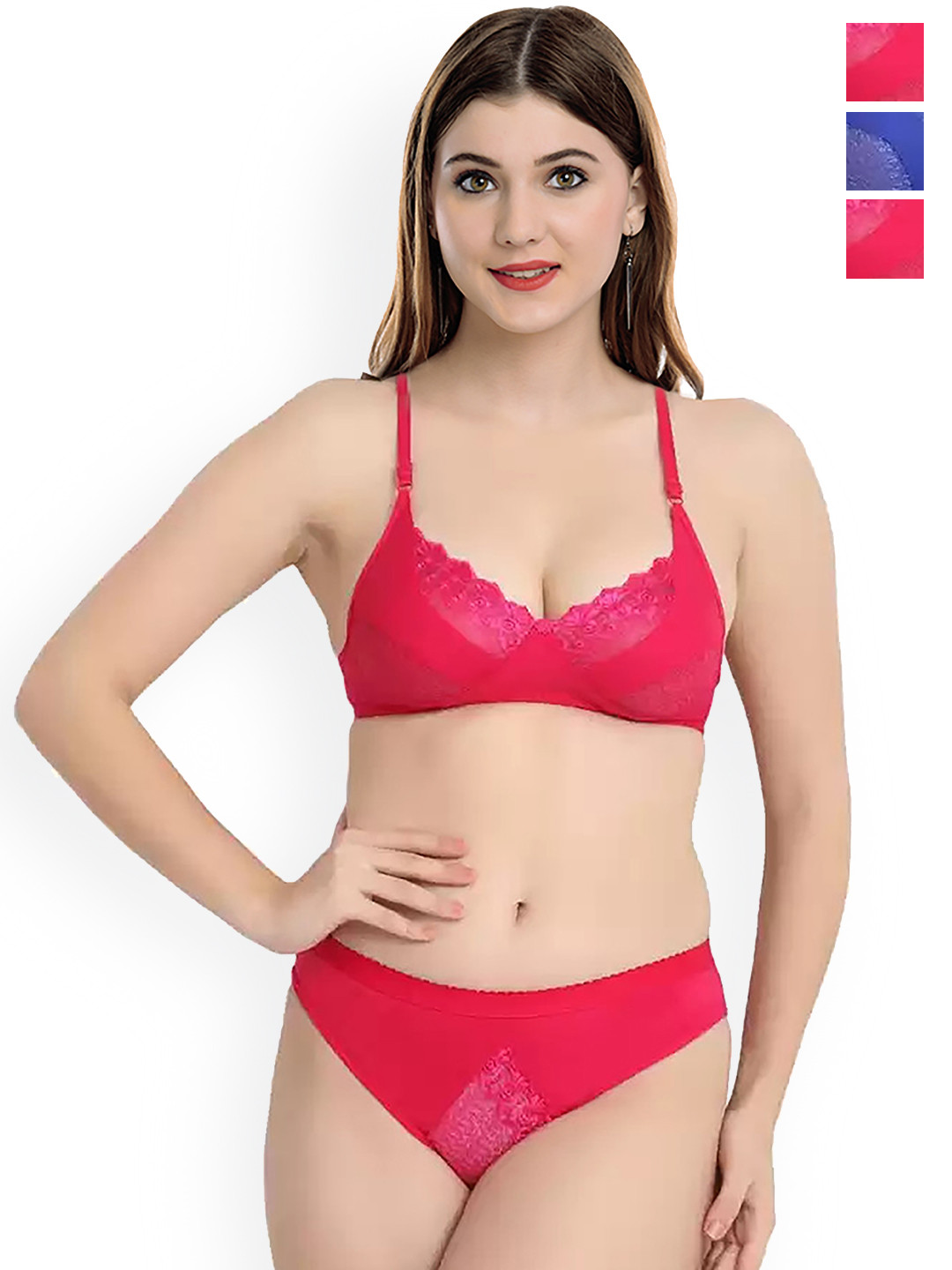 AROUSY Pack Of 3 Self-Design Cotton Lingerie Sets Y_Mia Set_Blue,Red,Red_30