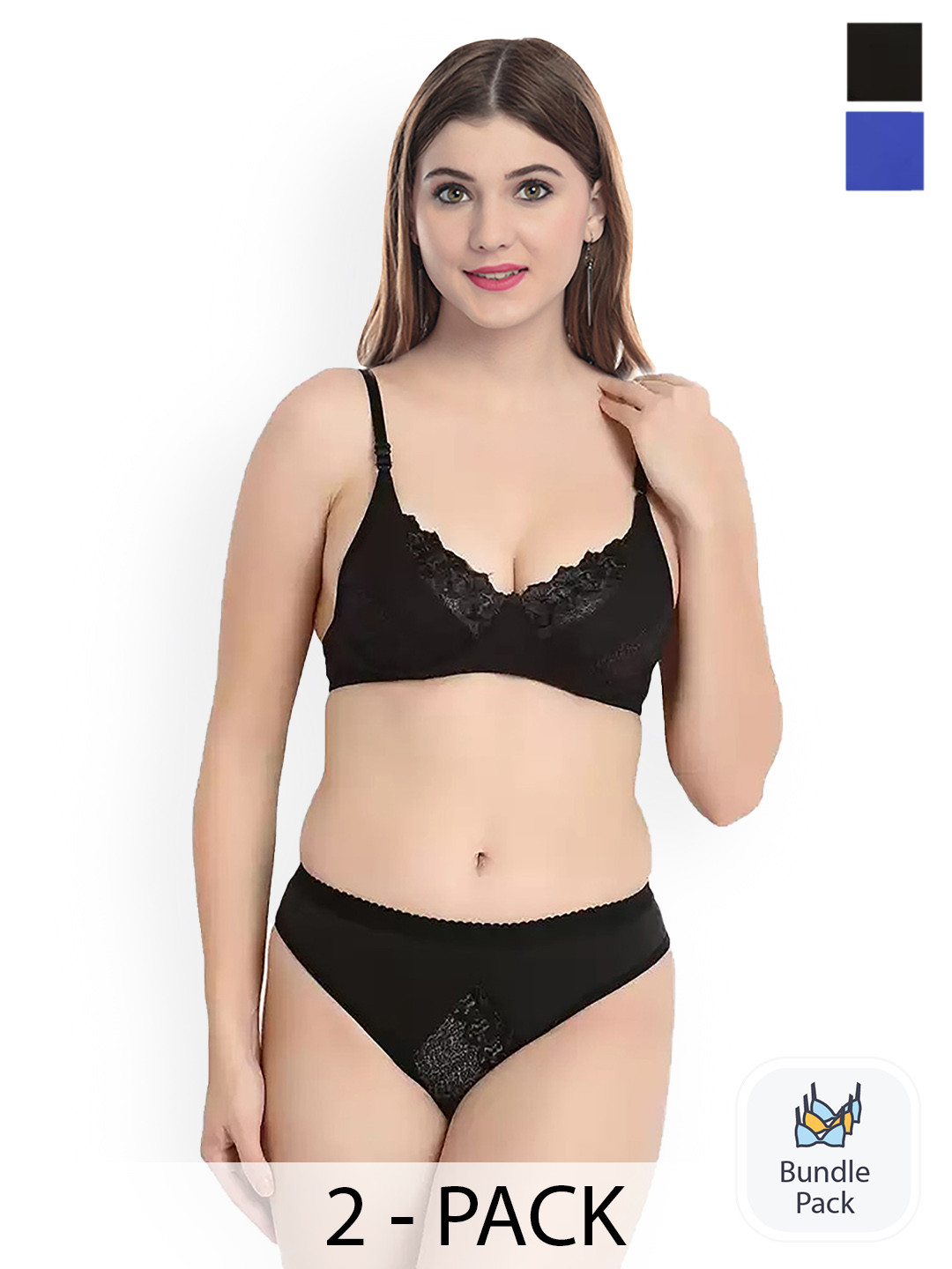 AROUSY Pack Of 2 Self-Design Cotton Lingerie Sets Y_Mia Set_Black,Black_30
