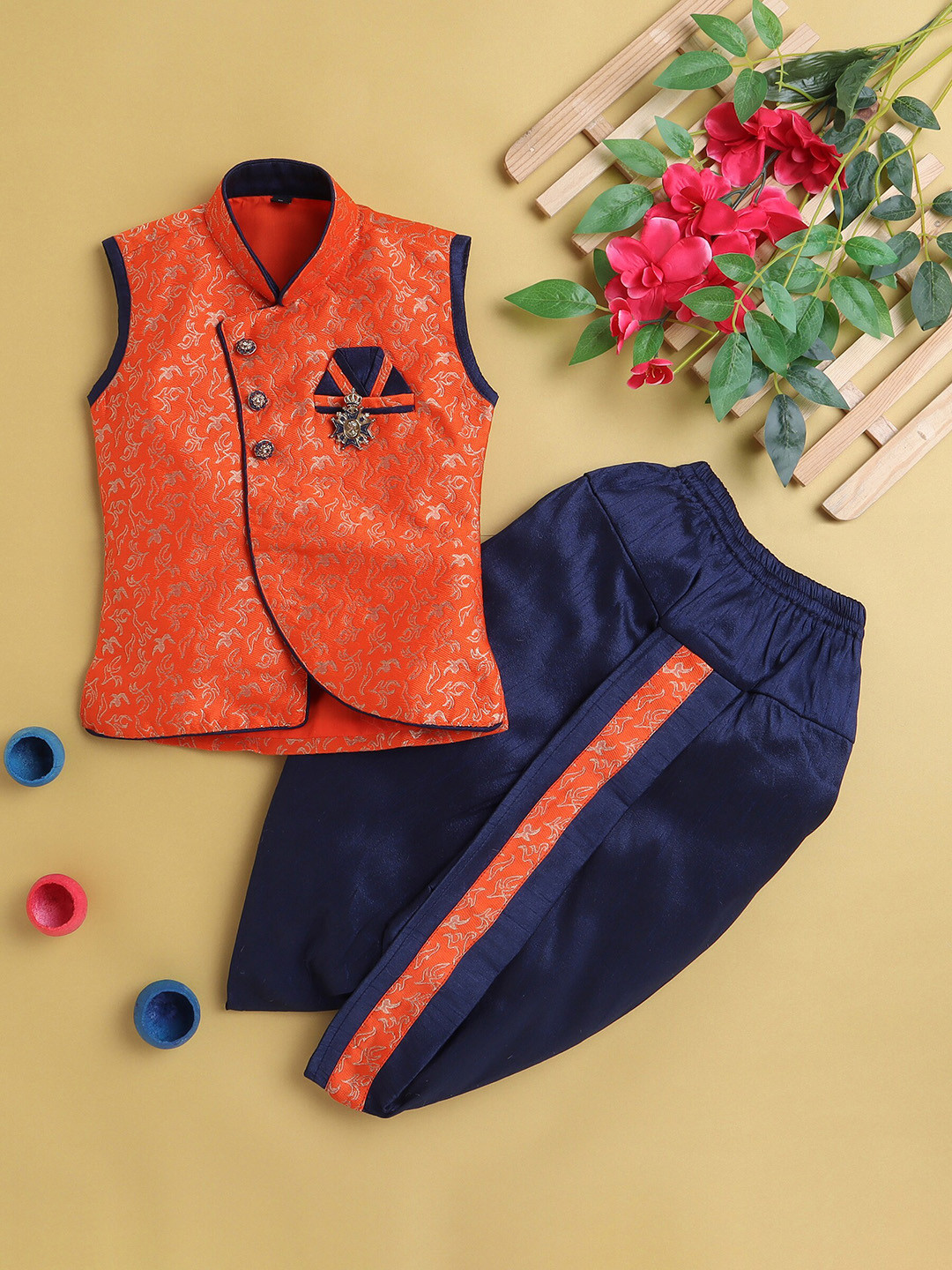 BAESD Boys Self Design Mandarin Collar Coat With Dhoti Pants